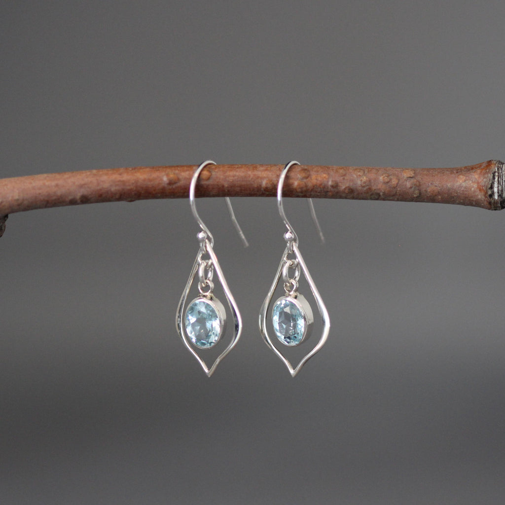 Blue Topaz Oval Bezel Earrings with Bali Sterling Silver Frames