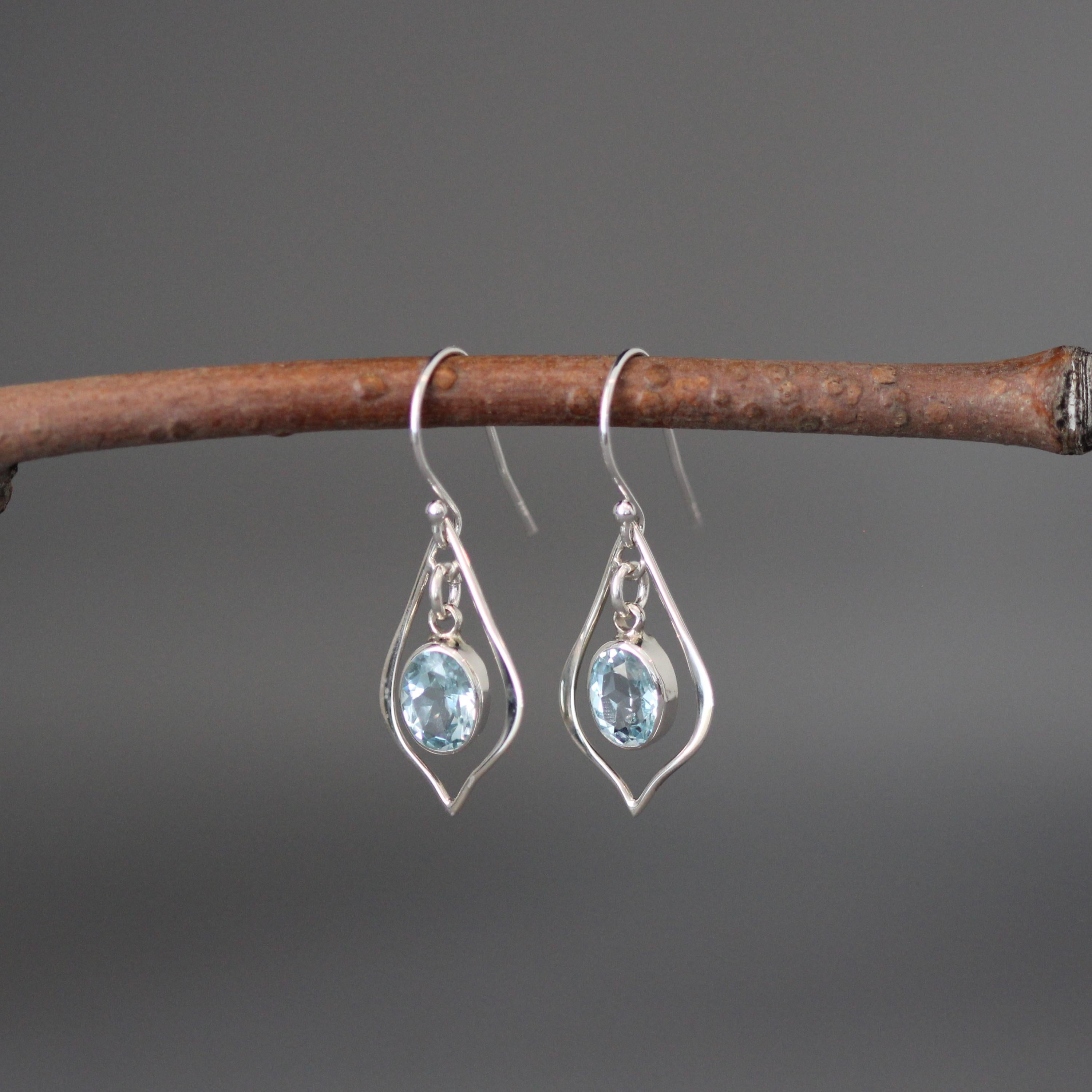 Blue Topaz Oval Bezel Earrings with Bali Sterling Silver Frames