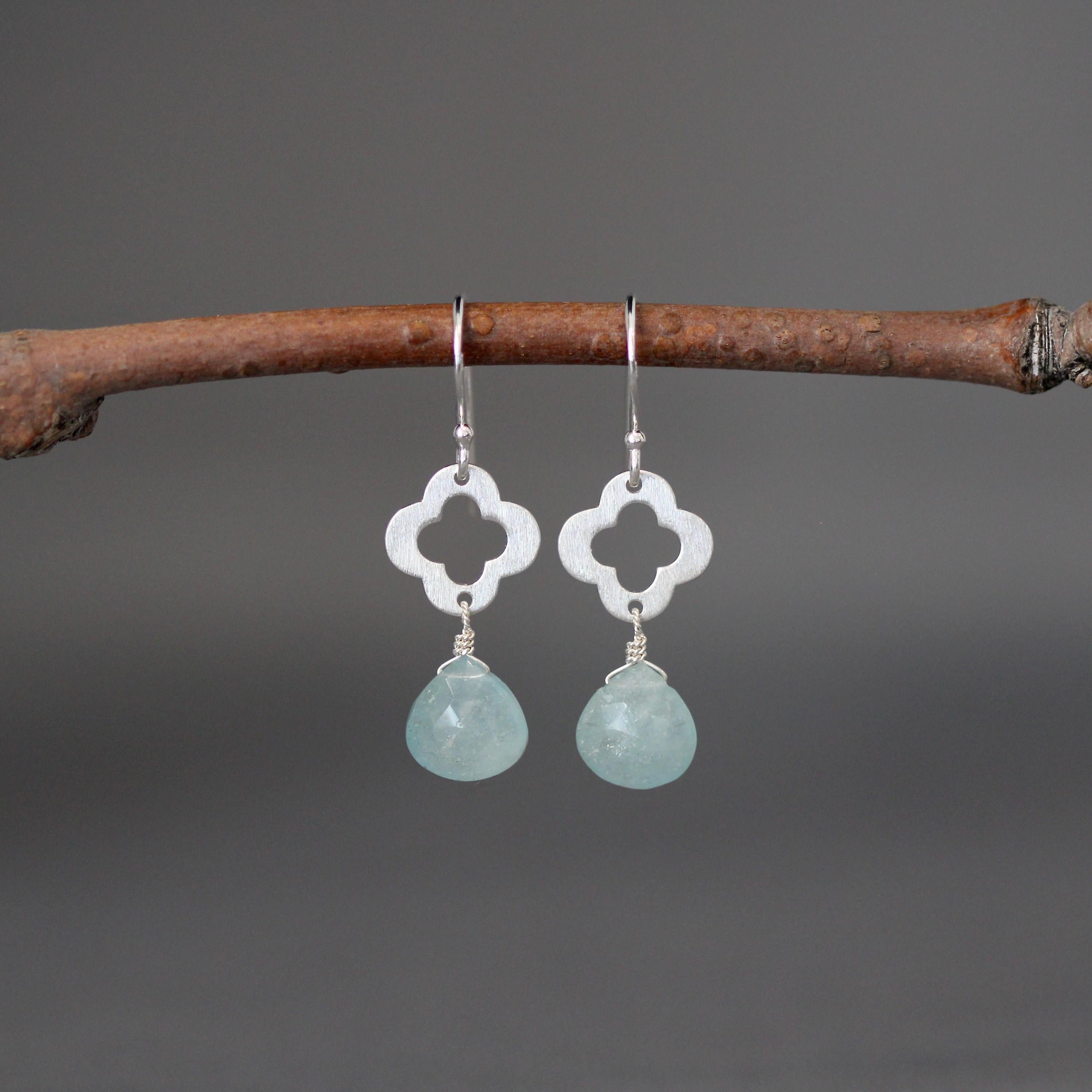 Aquamarine Teardrop Earrings on Sterling Silver Quatrefoil Links