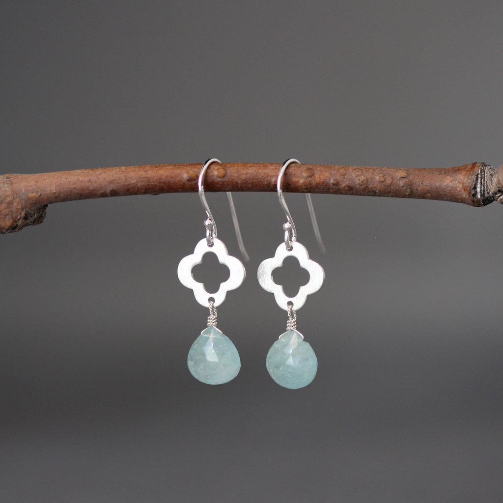Aquamarine Teardrop Earrings on Sterling Silver Quatrefoil Links