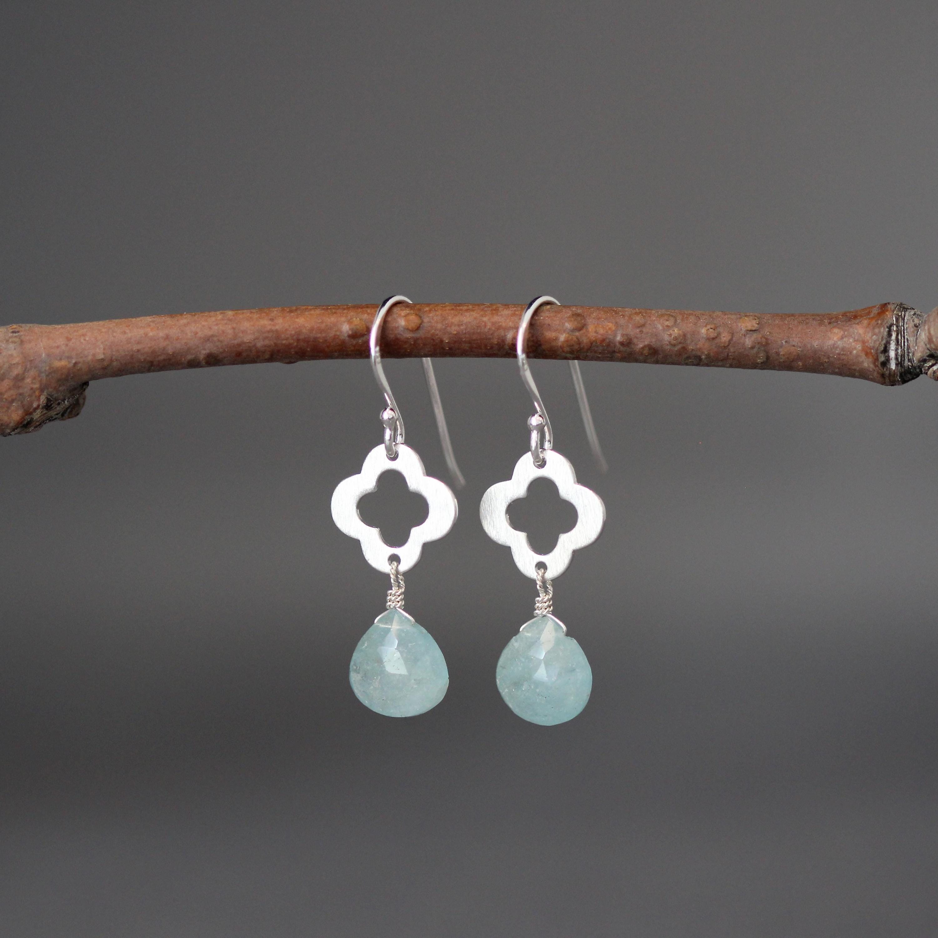 Aquamarine Teardrop Earrings on Sterling Silver Quatrefoil Links