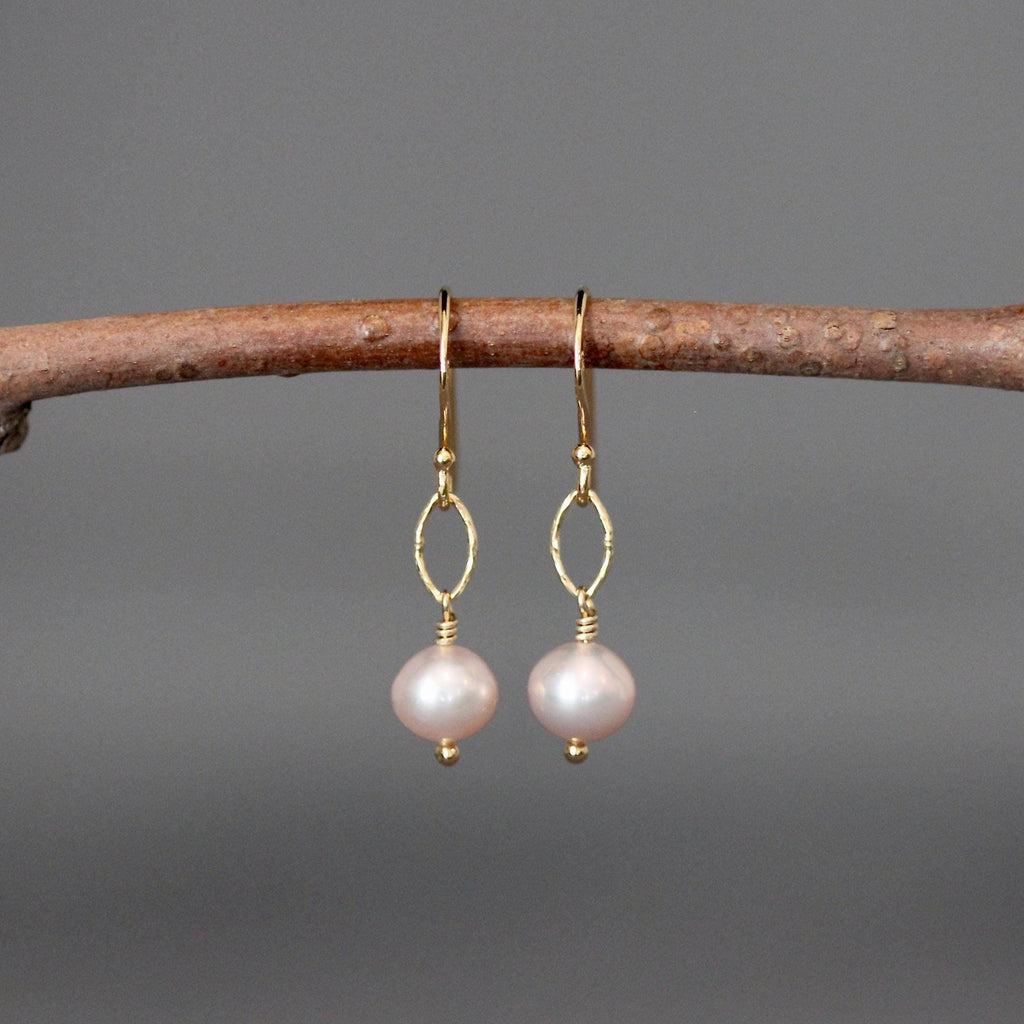 Pink Freshwater Pearl Dangle Earrings on Gold Vermeil Oval Links