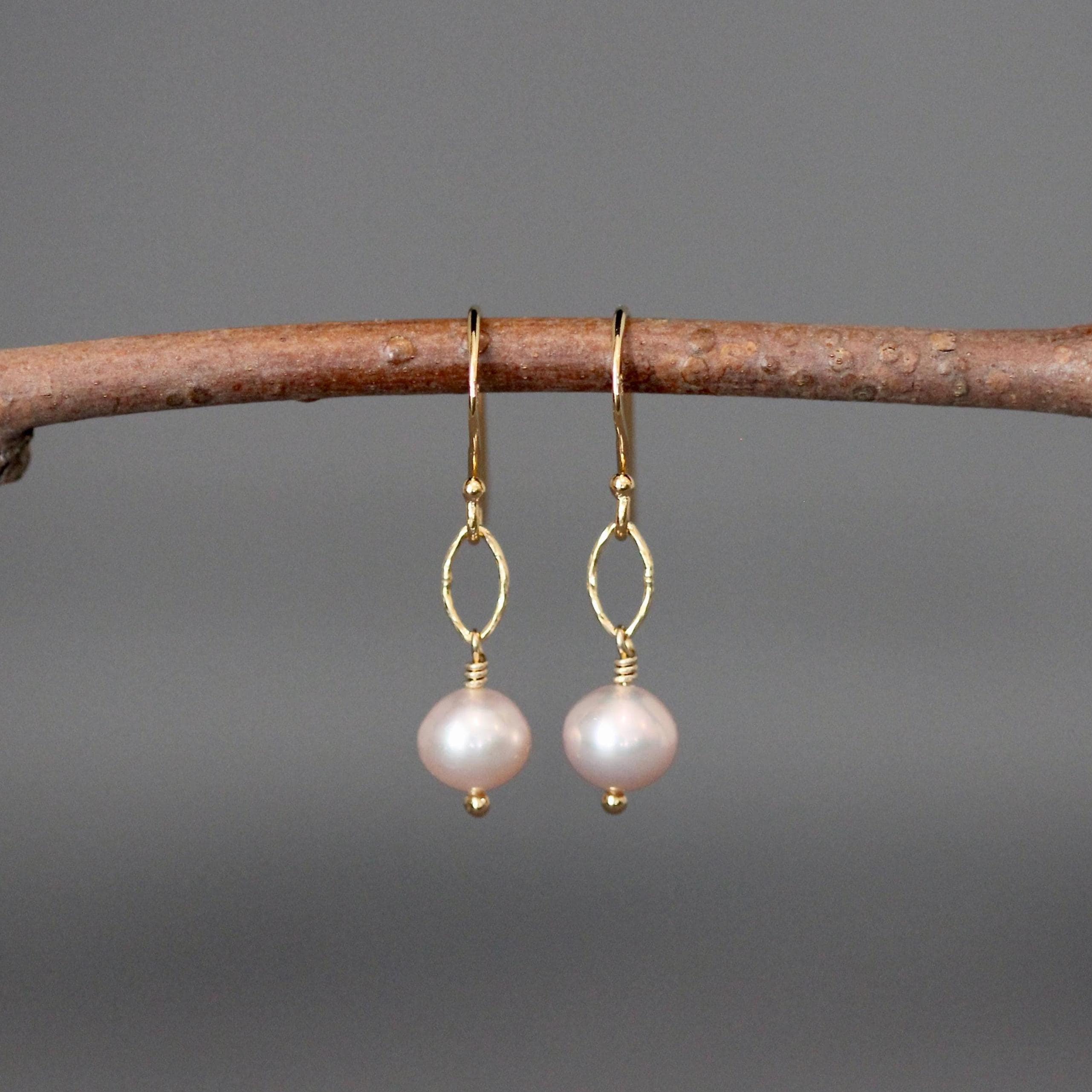 Pink Freshwater Pearl Dangle Earrings on Gold Vermeil Oval Links