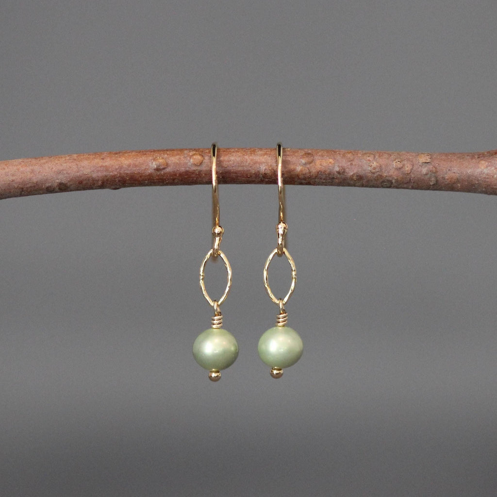 Green Freshwater Pearl Earrings on Gold Vermeil Oval Links