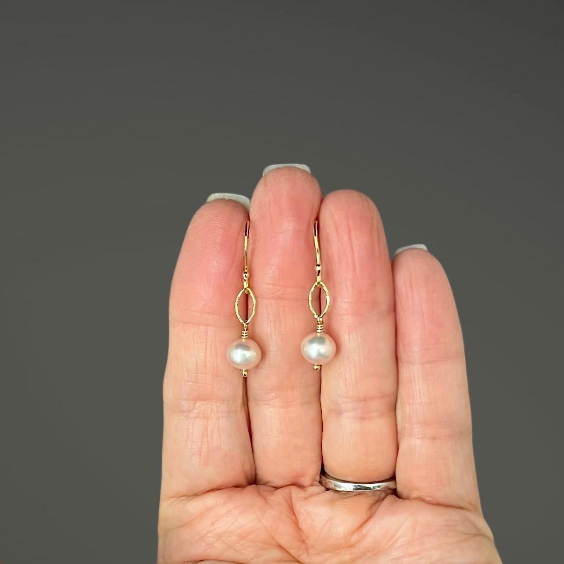 Pink Freshwater Pearl Dangle Earrings on Gold Vermeil Oval Links