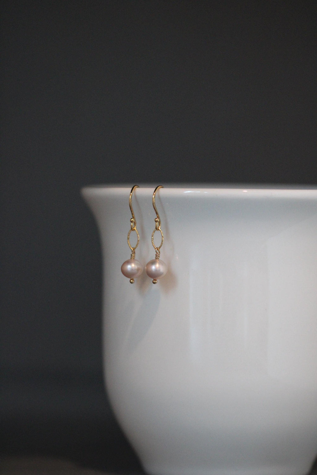 Pink Freshwater Pearl Dangle Earrings on Gold Vermeil Oval Links