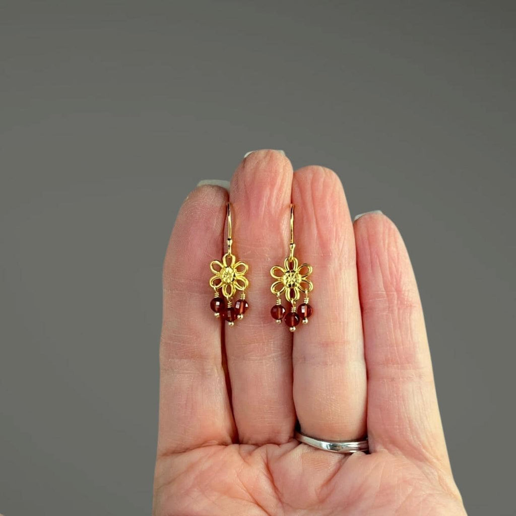 Garnet Coin Dangle Earrings on Gold Vermeil Flower Links