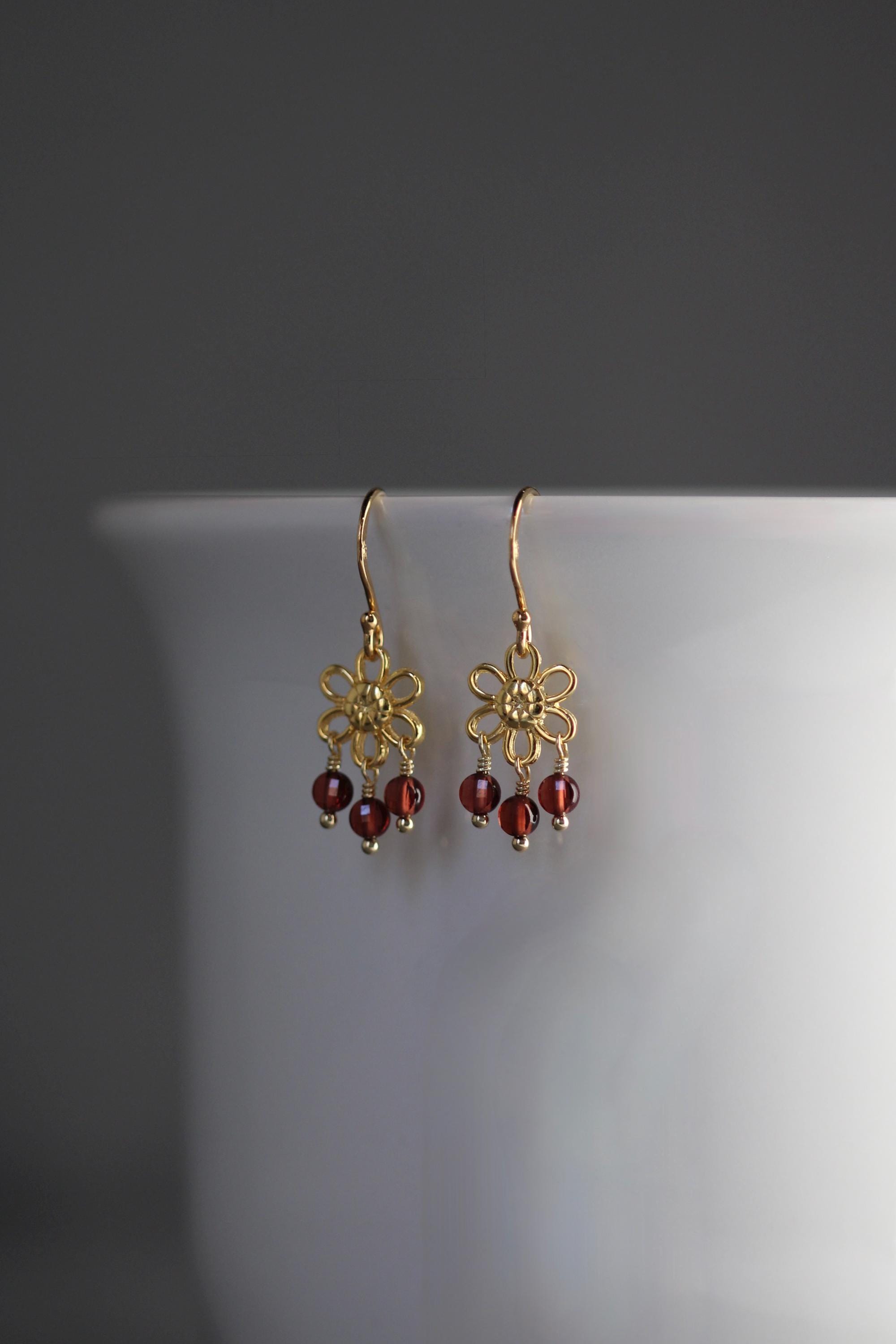 Garnet Coin Dangle Earrings on Gold Vermeil Flower Links