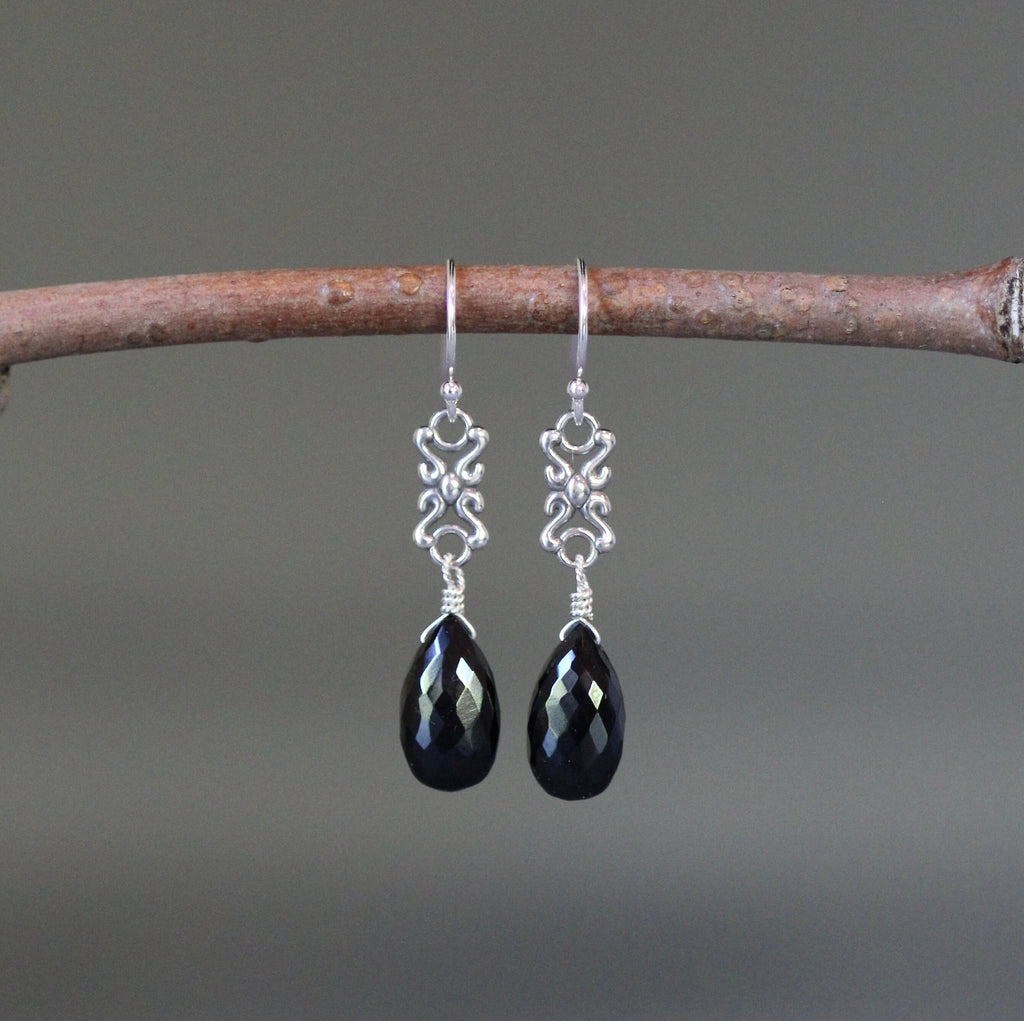 Black Spinel Teardrop Earrings on Bali Sterling Silver Links