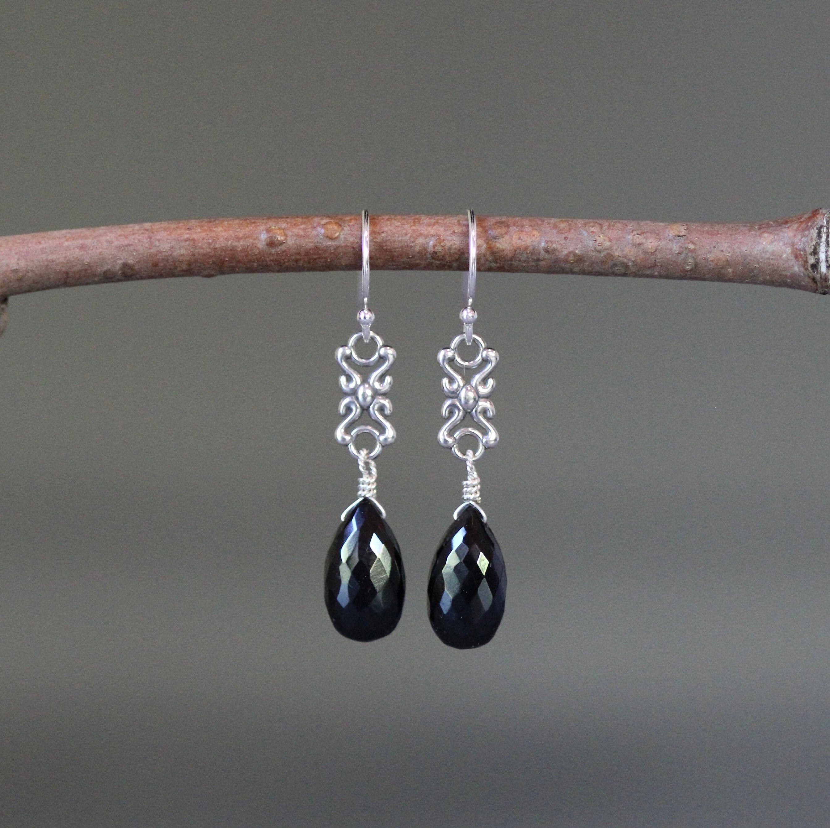 Black Spinel Teardrop Earrings on Bali Sterling Silver Links