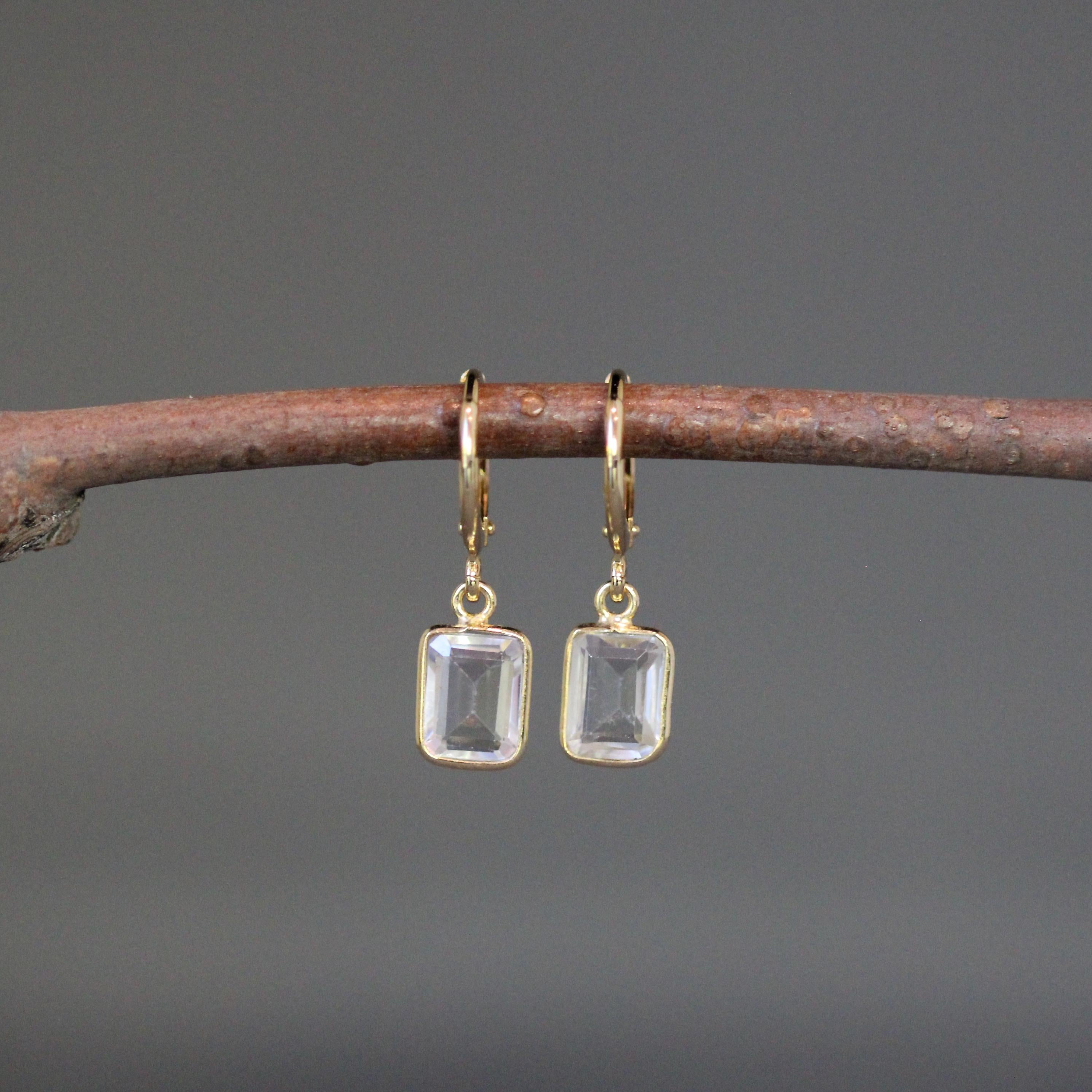 White Topaz Bezel Charm Earrings on Gold Vermeil Huggie Hoops