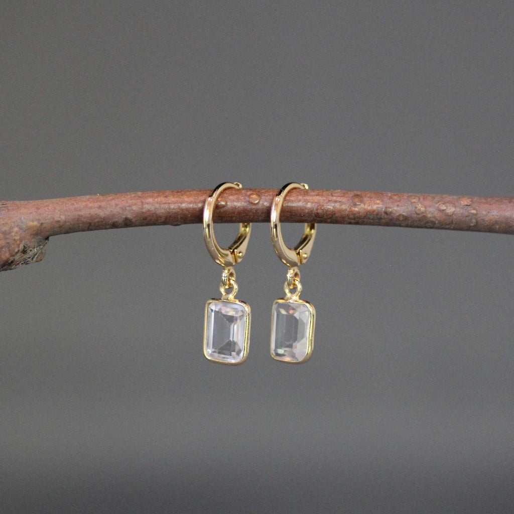 White Topaz Bezel Charm Earrings on Gold Vermeil Huggie Hoops