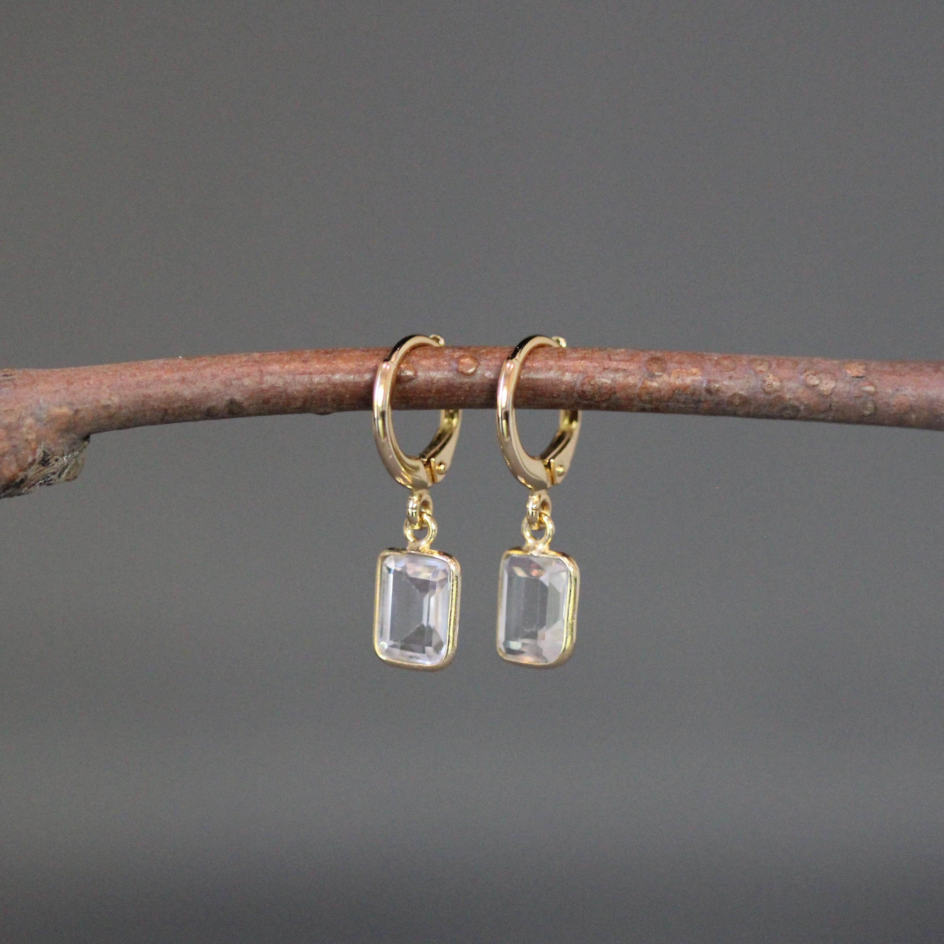 White Topaz Bezel Charm Earrings on Gold Vermeil Huggie Hoops