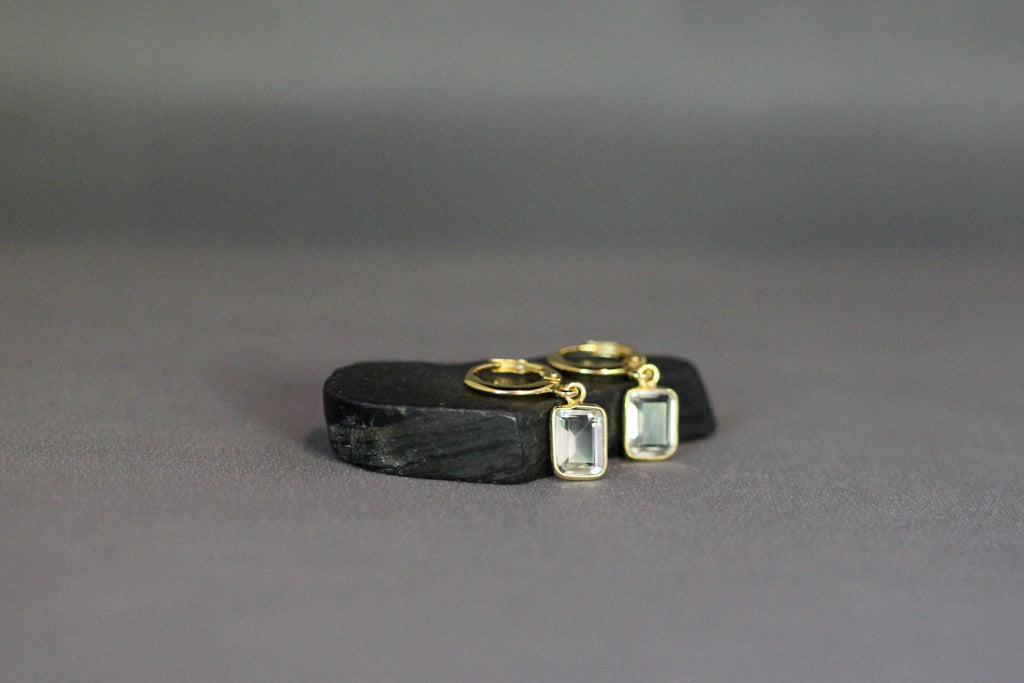 White Topaz Bezel Charm Earrings on Gold Vermeil Huggie Hoops