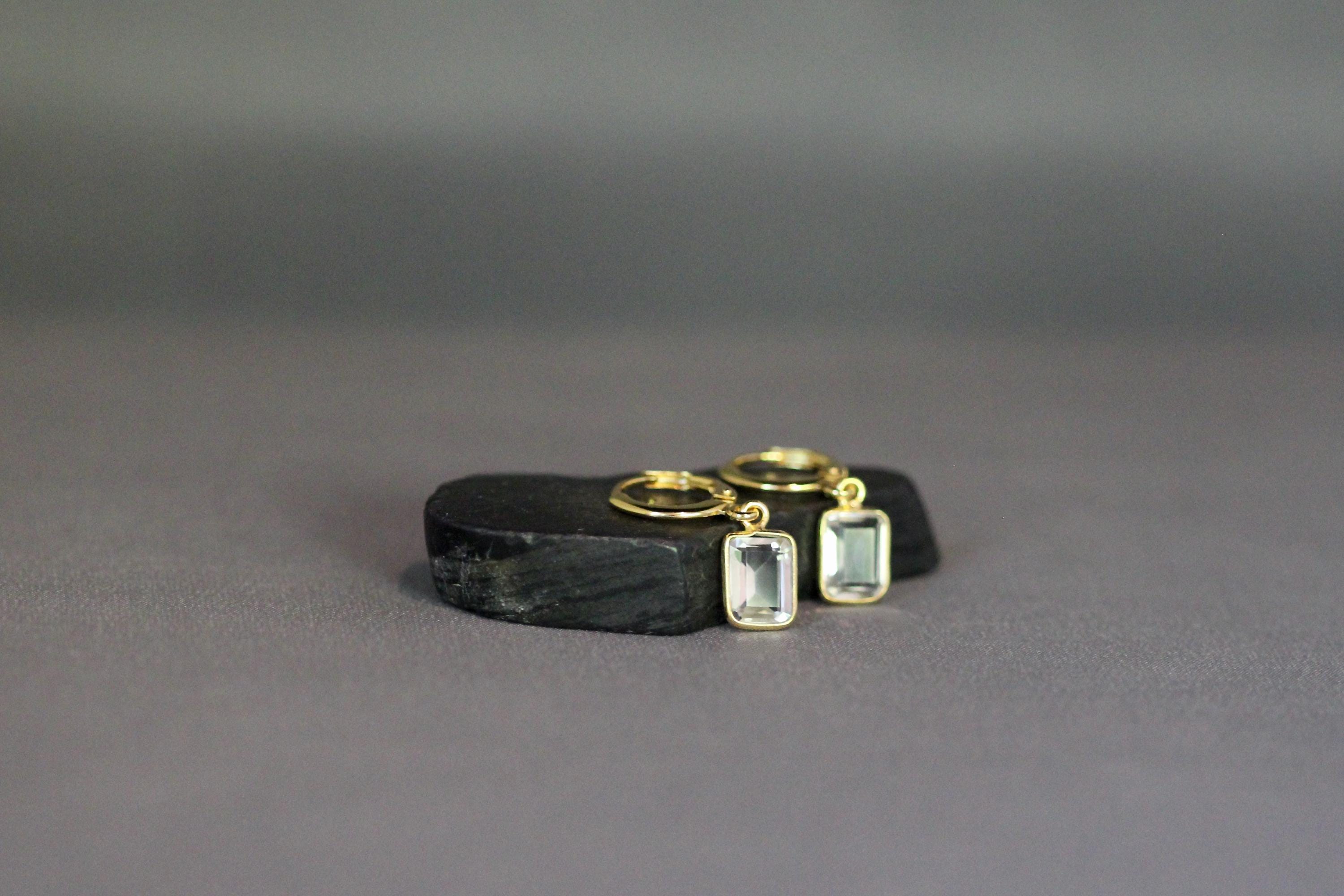 White Topaz Bezel Charm Earrings on Gold Vermeil Huggie Hoops