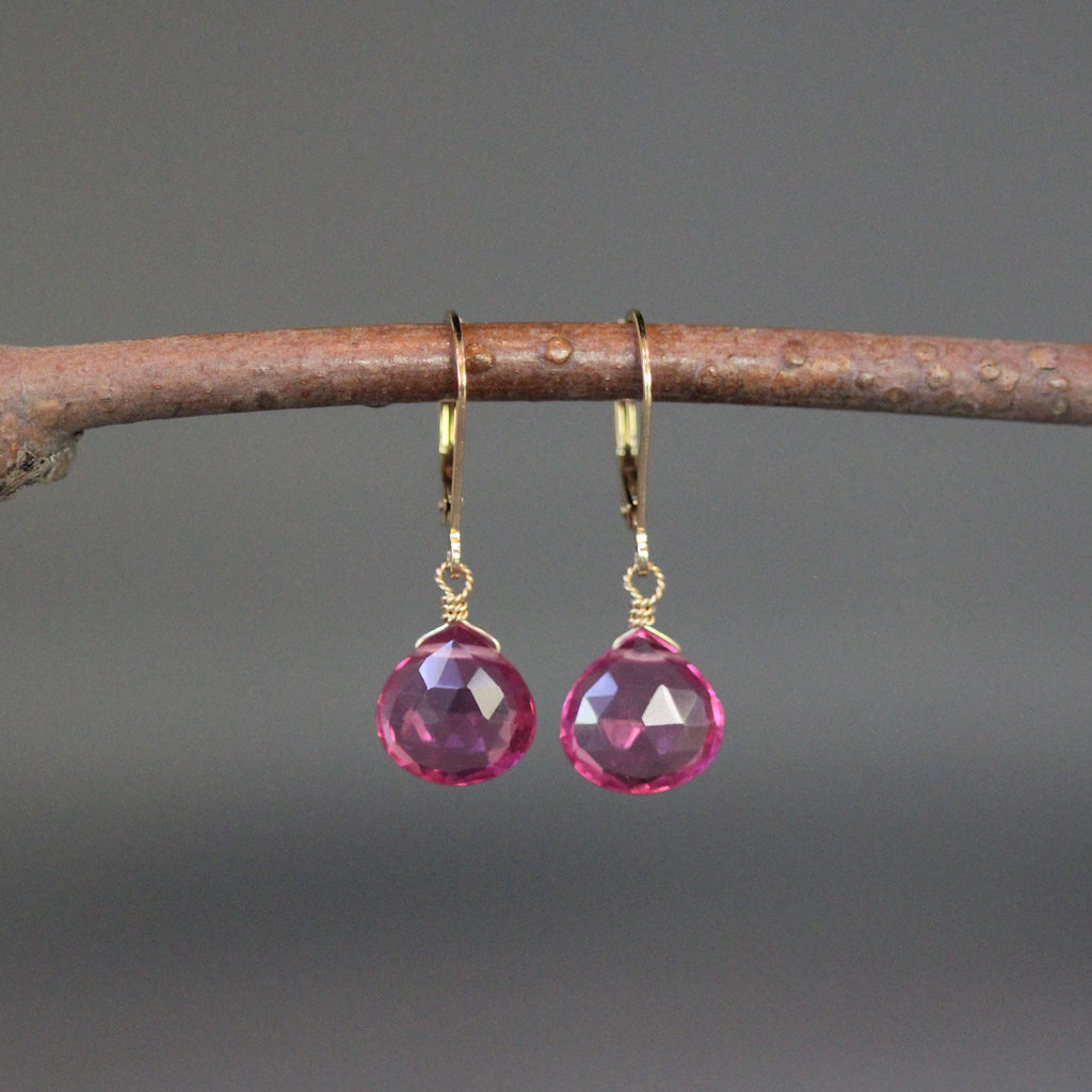 Fuchsia Quartz Teardrop Dangle Earrings on Gold Filled Leverbacks