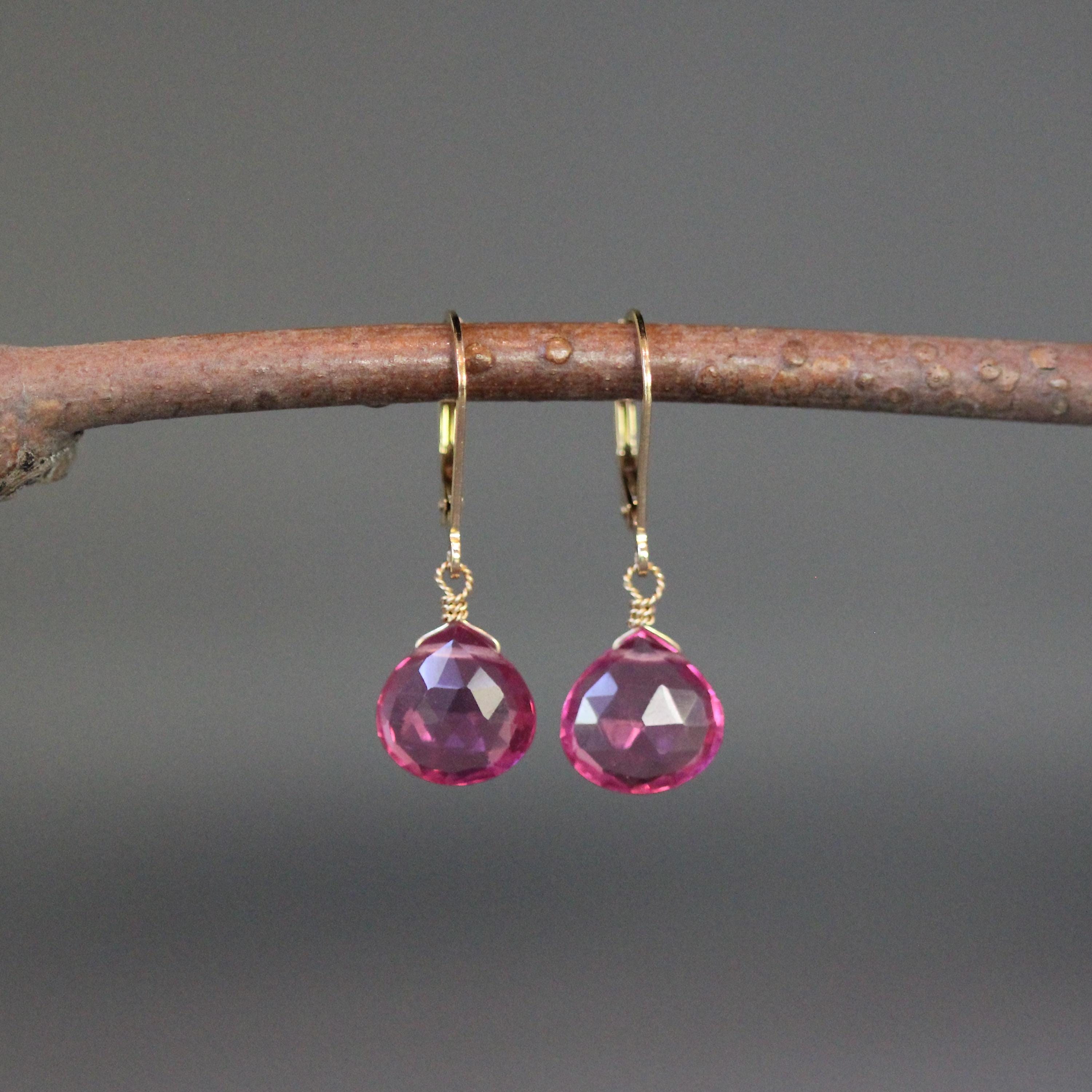 Fuchsia Quartz Teardrop Dangle Earrings on Gold Filled Leverbacks