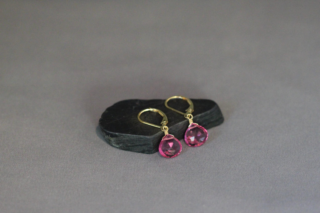 Fuchsia Quartz Teardrop Dangle Earrings on Gold Filled Leverbacks