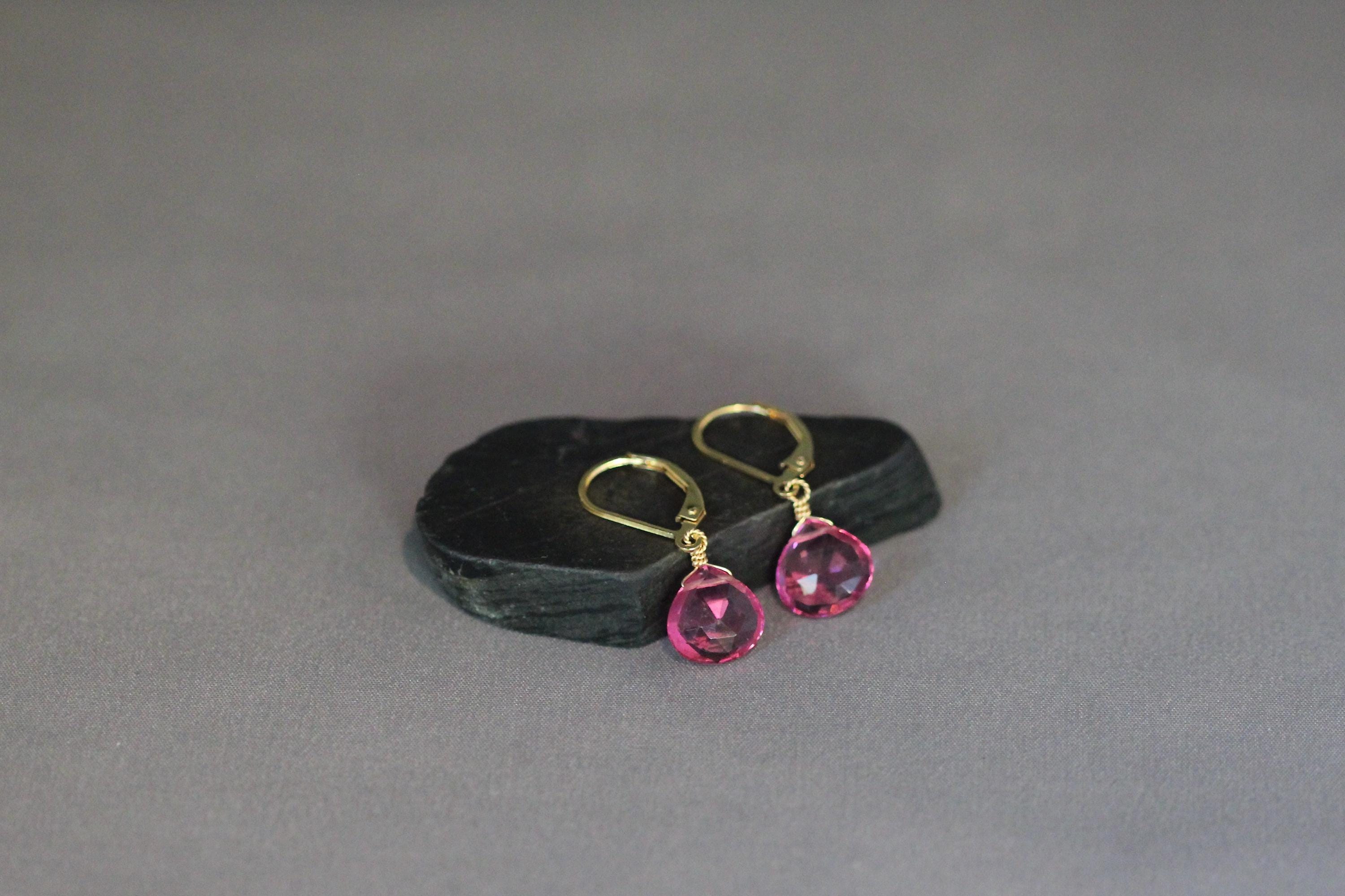 Fuchsia Quartz Teardrop Dangle Earrings on Gold Filled Leverbacks