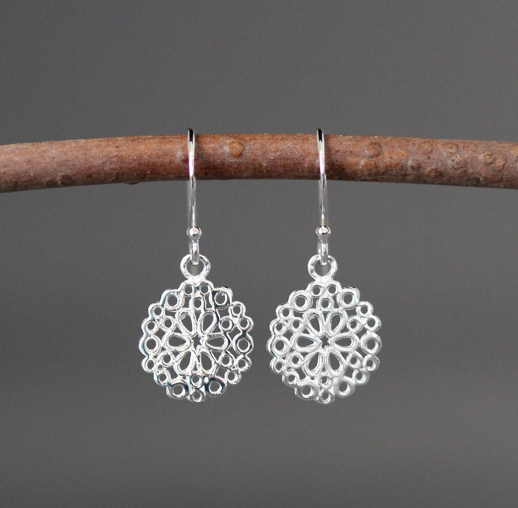 Sterling Silver Round Filigree Flower Charm Dangle Earrings