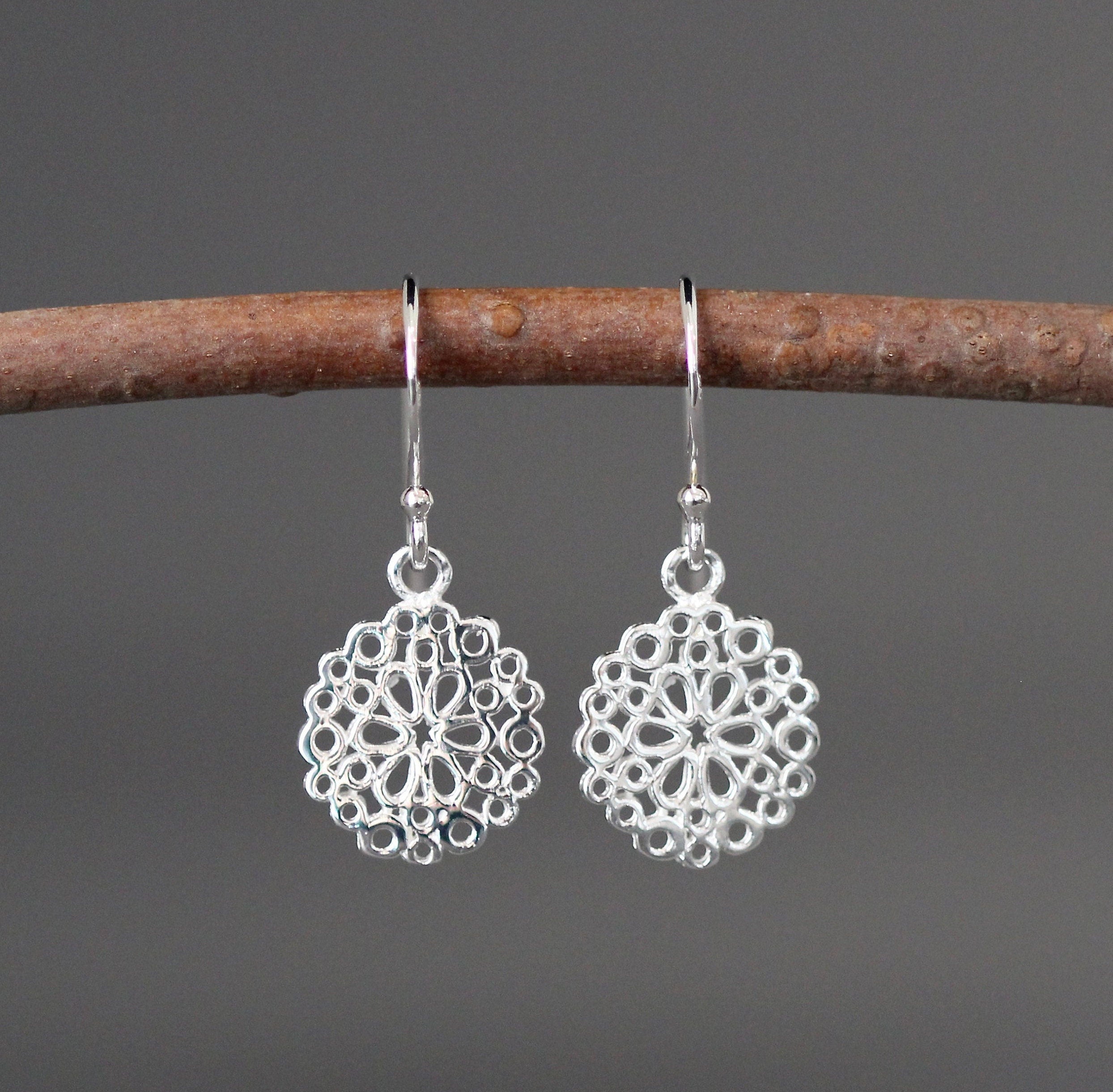 Sterling Silver Round Filigree Flower Charm Dangle Earrings