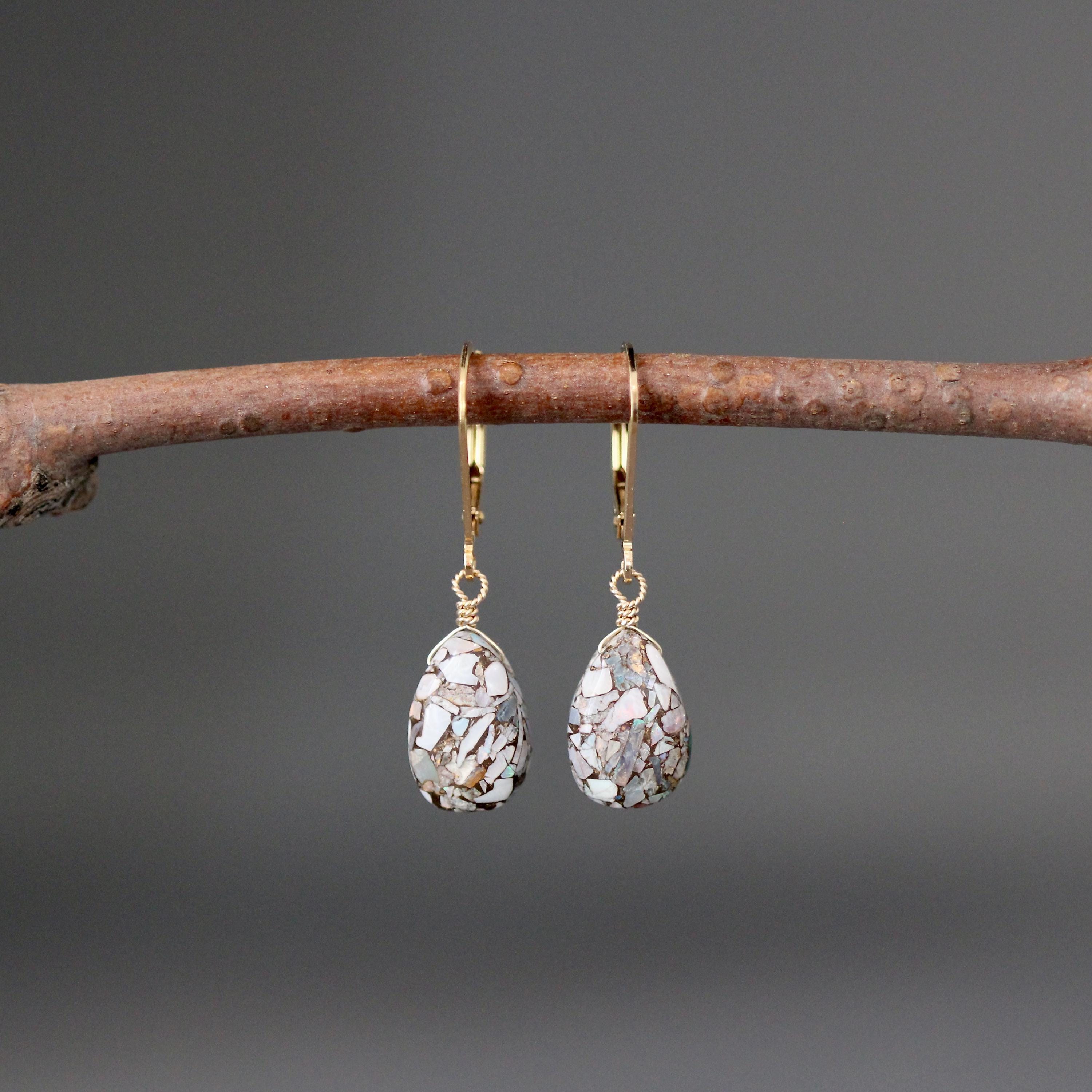 Copper Australian Opal Teardrop Earrings on Gold Filled Leverbacks