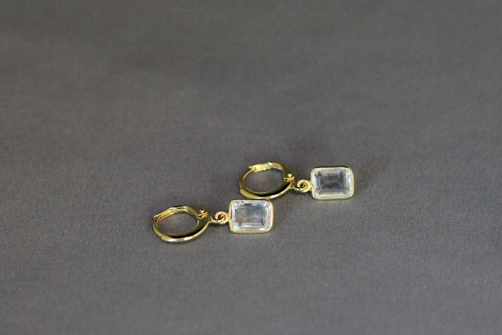 White Topaz Bezel Charm Earrings on Gold Vermeil Huggie Hoops