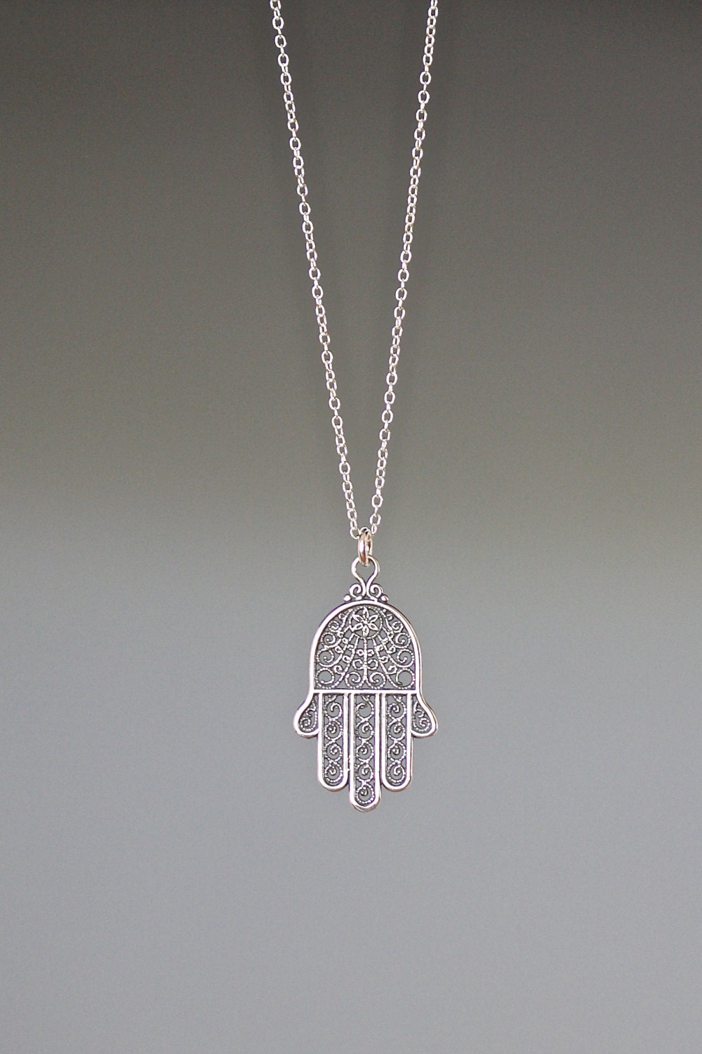 Sterling Silver Bali Filigree Hamsa Pendant Necklace