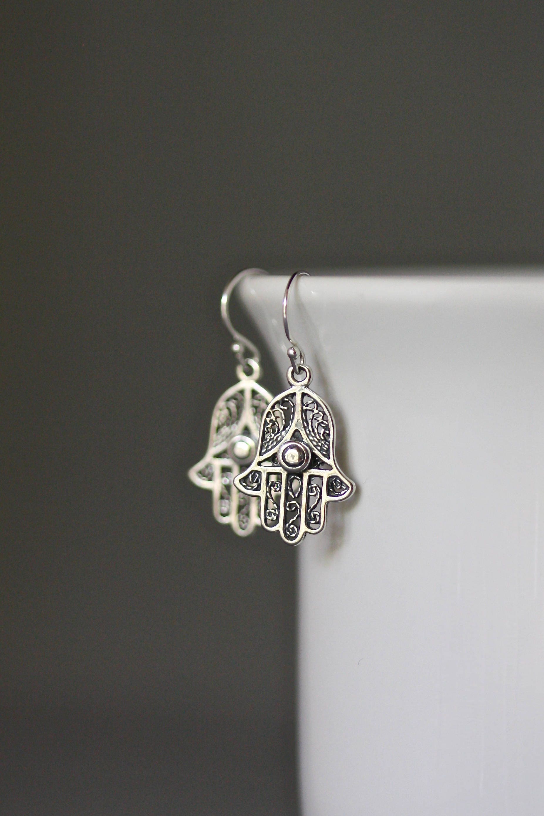 Bali Sterling Silver Hamsa Hand Charm Dangle Earrings