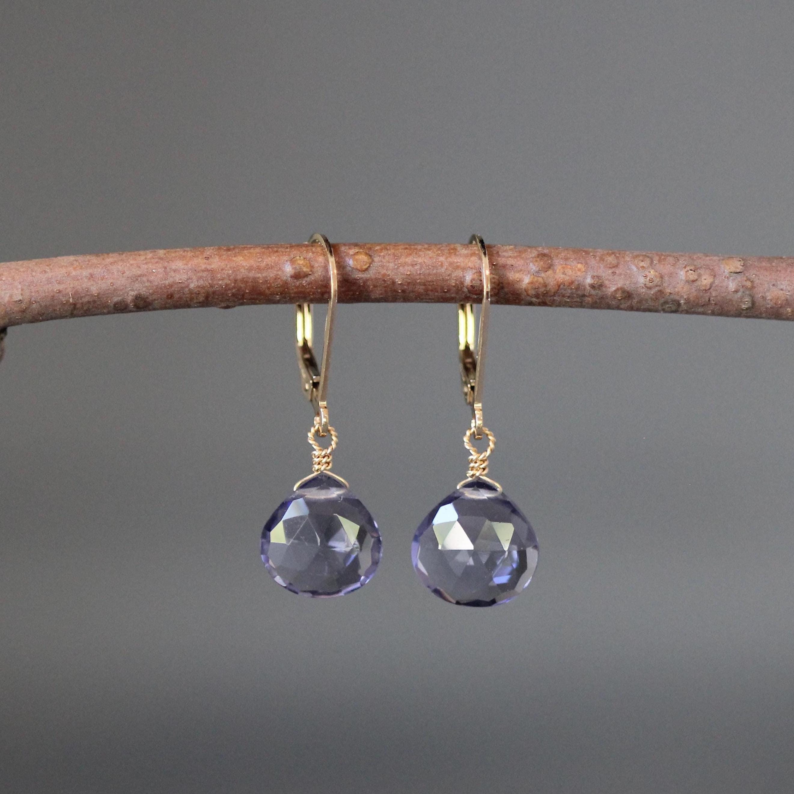 Blue Iolite Quartz Teardrop Gold Filled Leverback Dangle Earrings