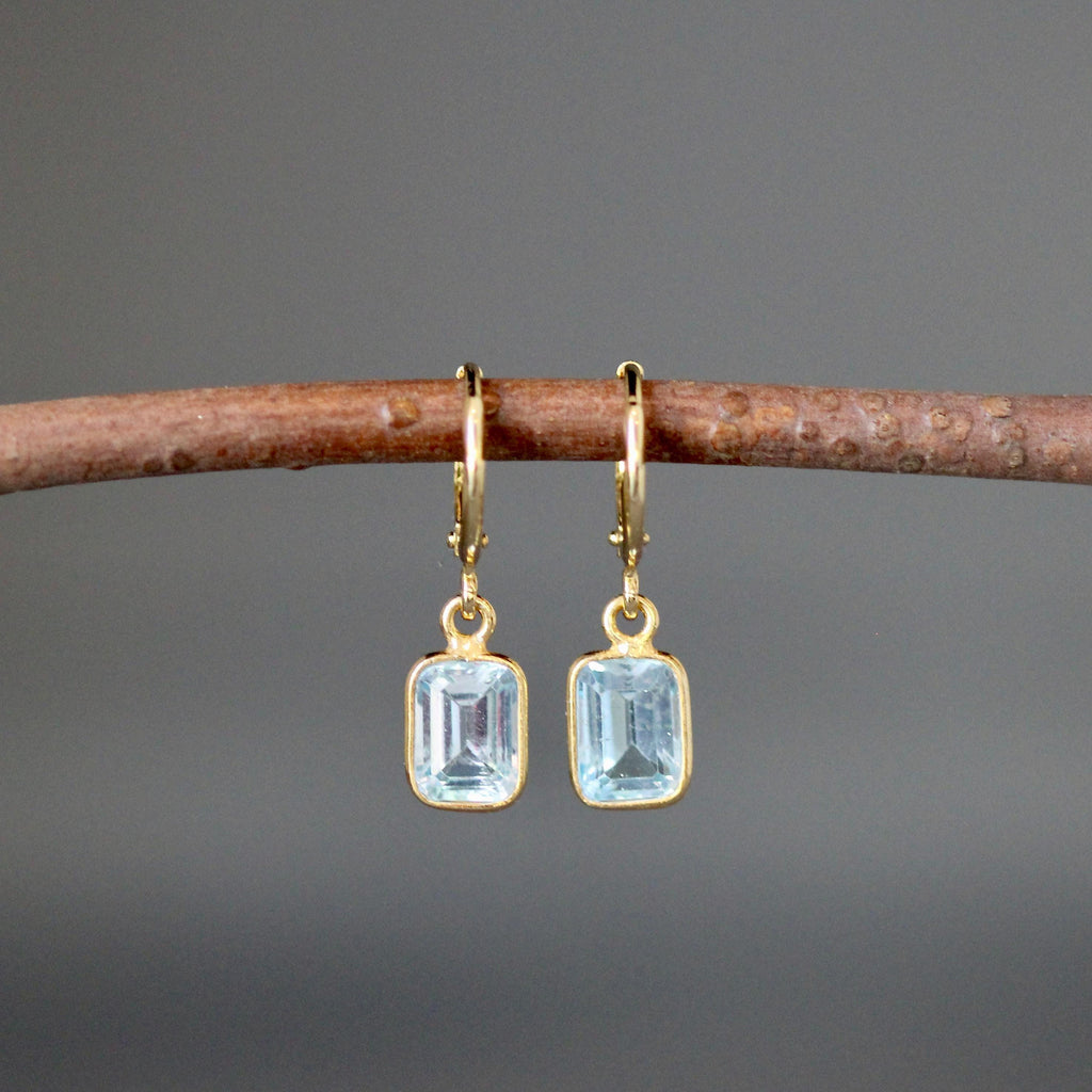 Blue Topaz Emerald Cut Stone Bezel Charms on Gold Vermeil Huggie Hoop Earrings