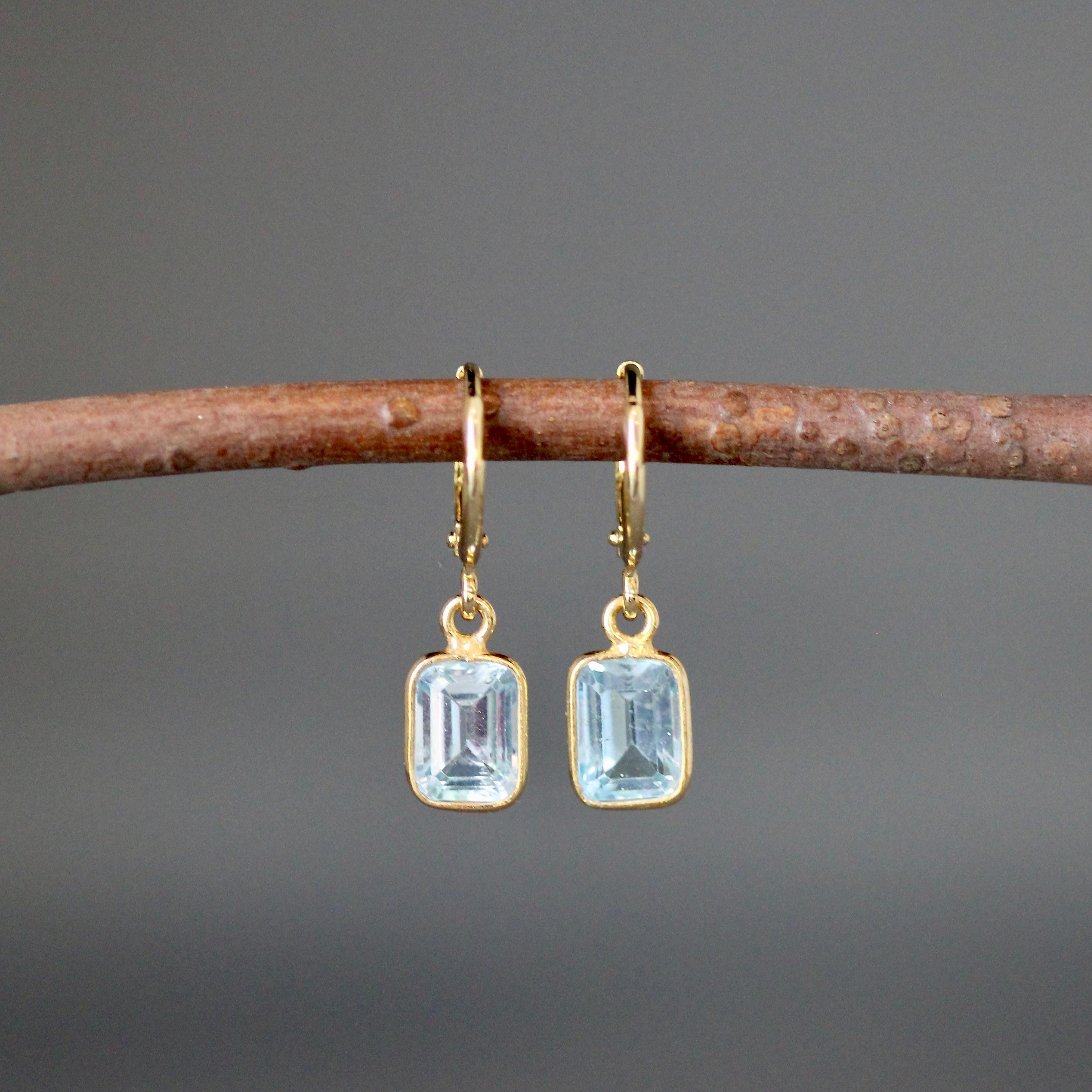 Blue Topaz Emerald Cut Stone Bezel Charms on Gold Vermeil Huggie Hoop Earrings
