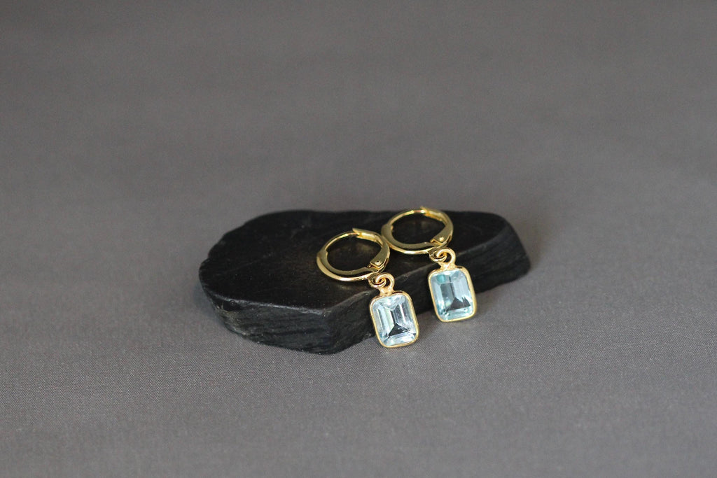 Blue Topaz Emerald Cut Stone Bezel Charms on Gold Vermeil Huggie Hoop Earrings