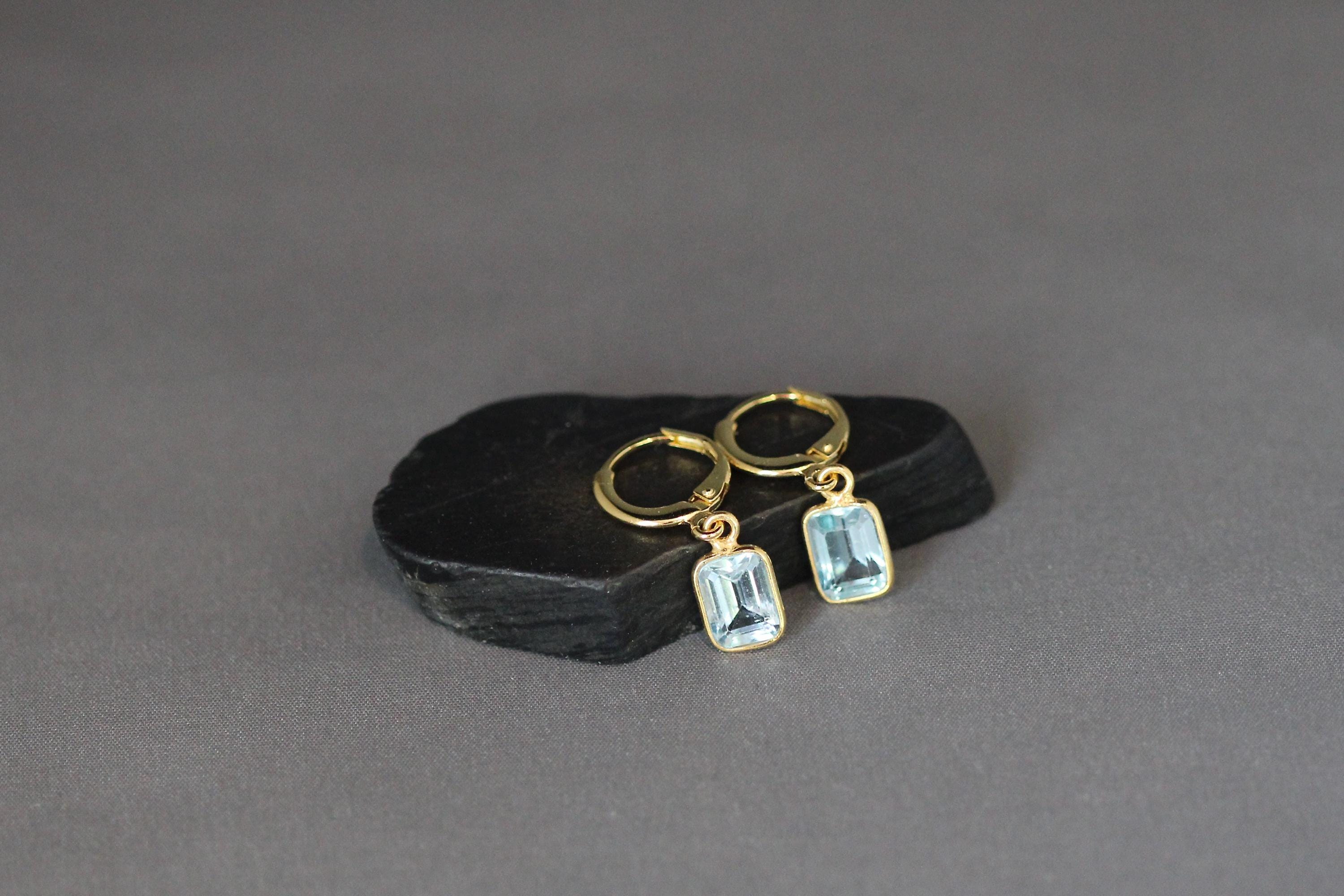 Blue Topaz Emerald Cut Stone Bezel Charms on Gold Vermeil Huggie Hoop Earrings