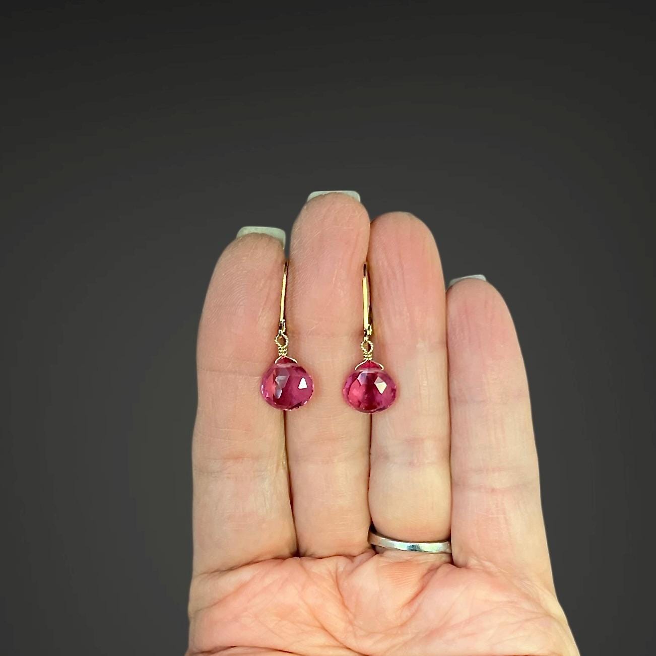 Fuchsia Quartz Teardrop Dangle Earrings on Gold Filled Leverbacks