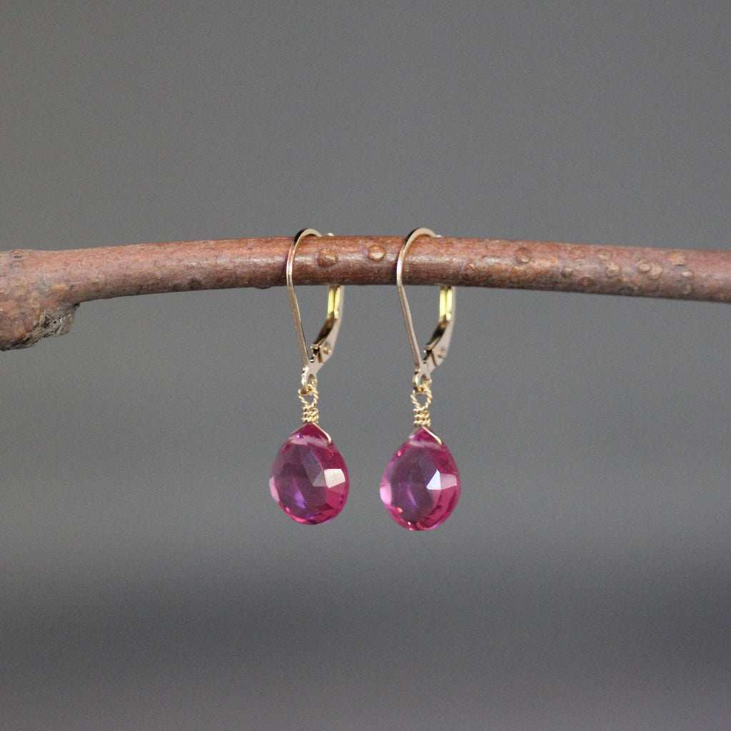 Fuchsia Quartz Teardrop Dangle Earrings on Gold Filled Leverbacks