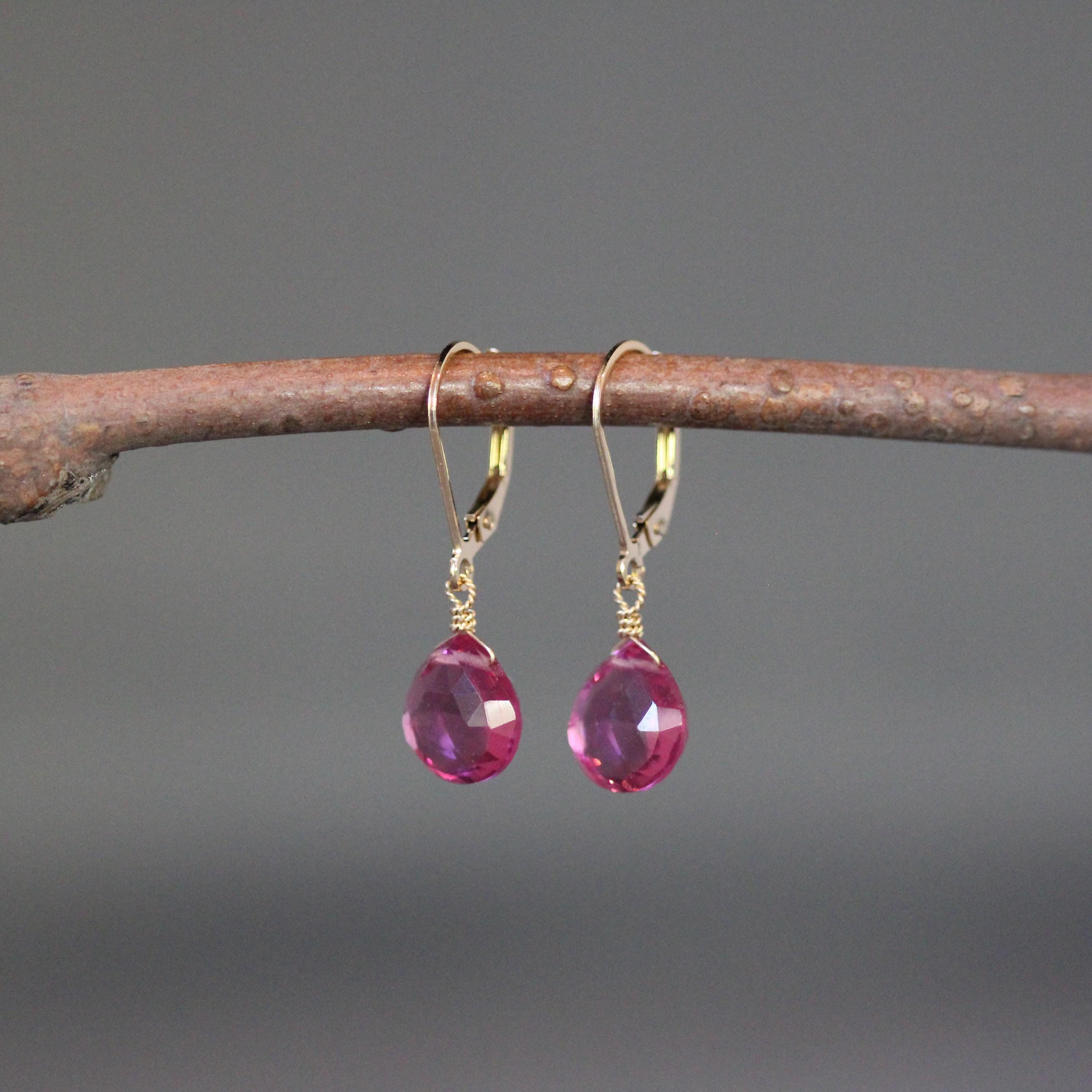 Fuchsia Quartz Teardrop Dangle Earrings on Gold Filled Leverbacks
