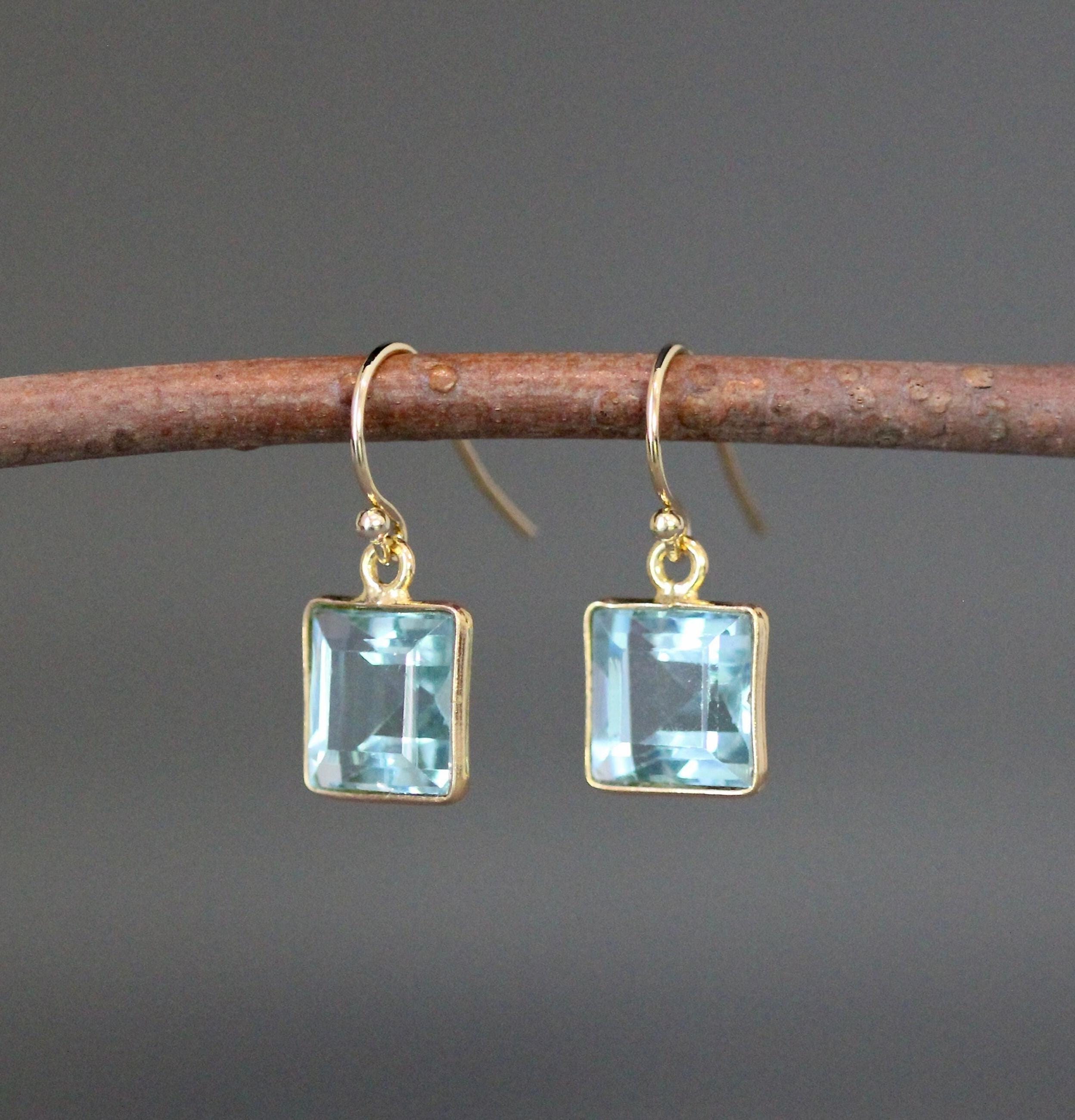 Blue Topaz Quartz Square Earrings in Gold Vermeil Bezel Settings