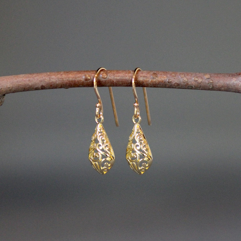 Bright Gold Vermeil Filigree Dangle Earrings