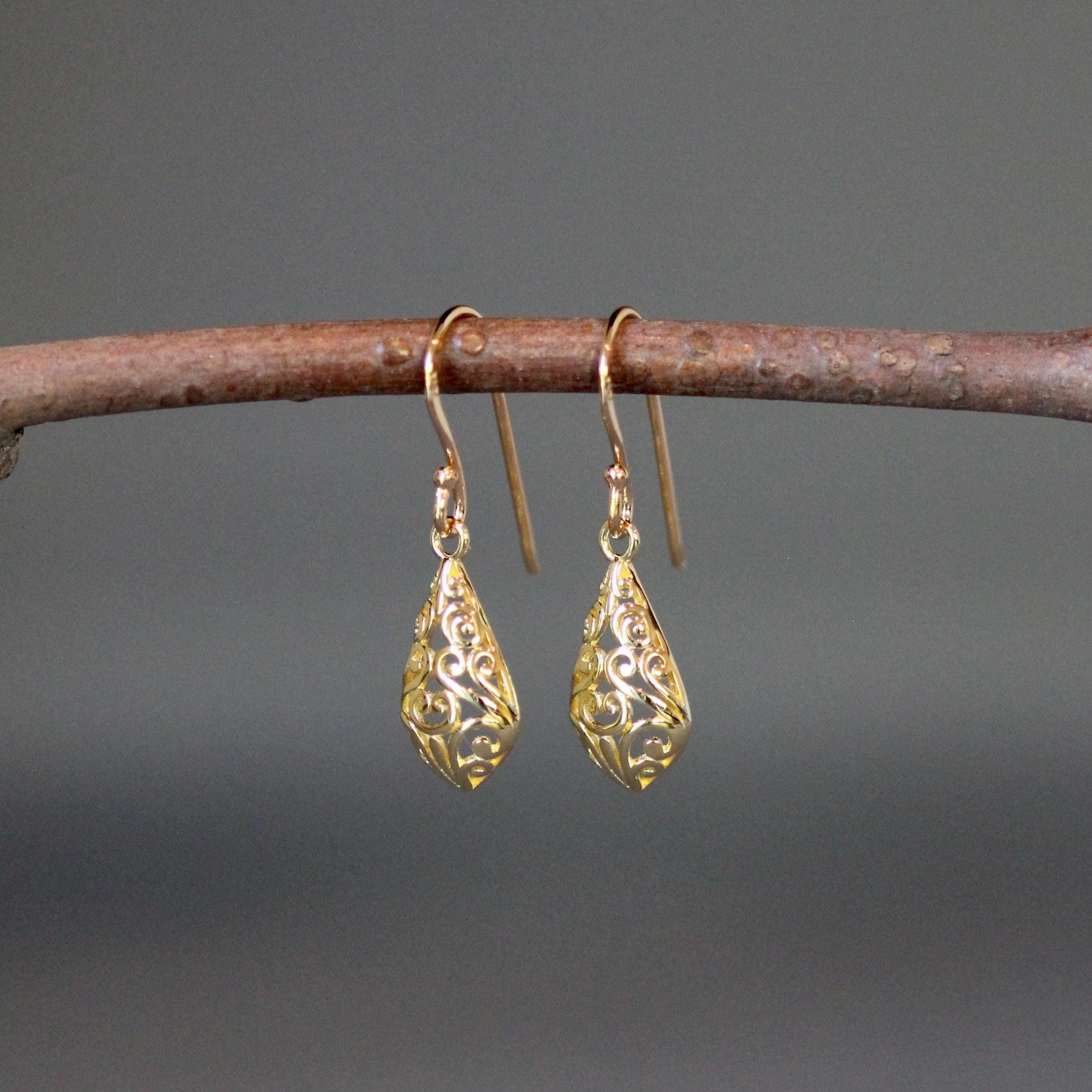 Bright Gold Vermeil Filigree Dangle Earrings