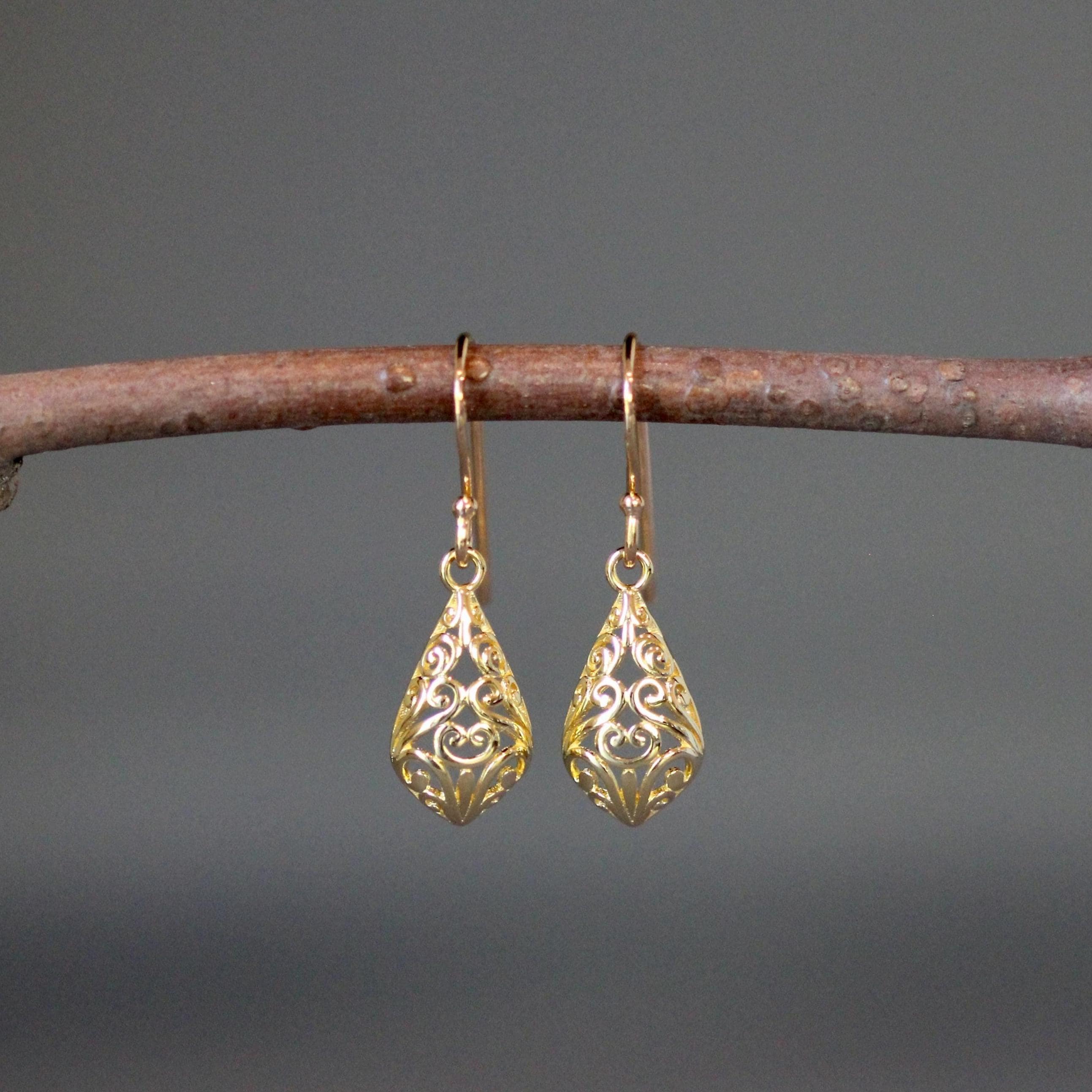 Bright Gold Vermeil Filigree Dangle Earrings