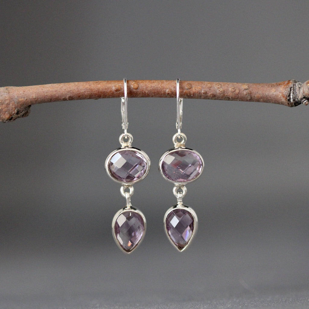 Amethyst Oval and Pear Bezel Dangle Earrings in Sterling Silver