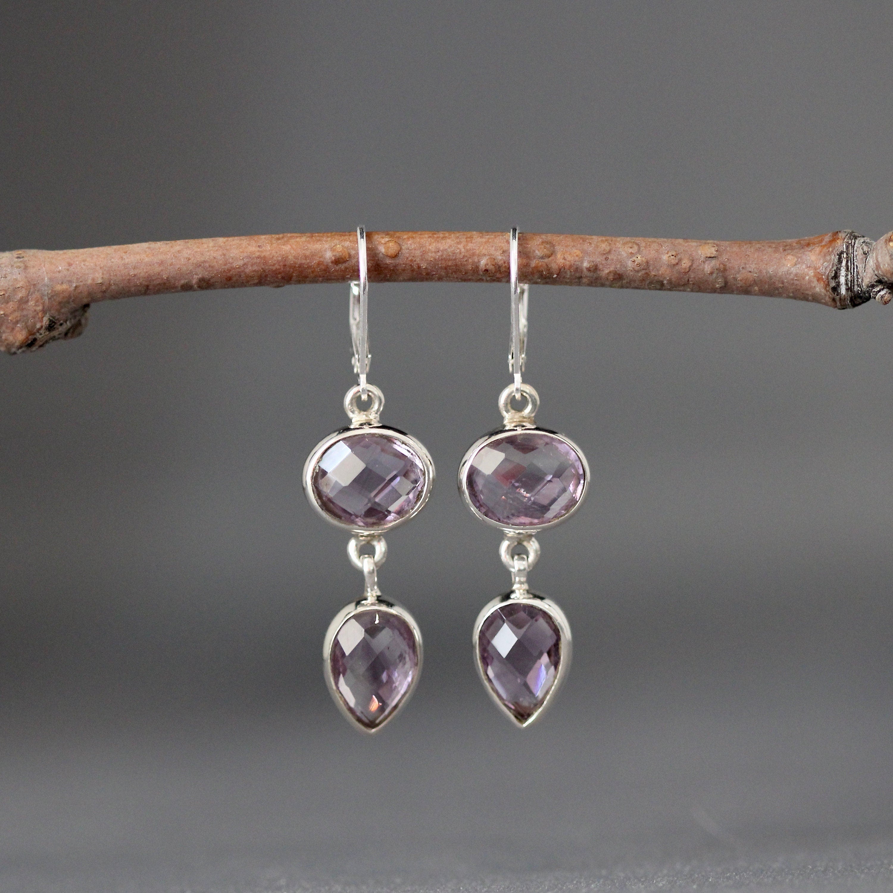Amethyst Oval and Pear Bezel Dangle Earrings in Sterling Silver