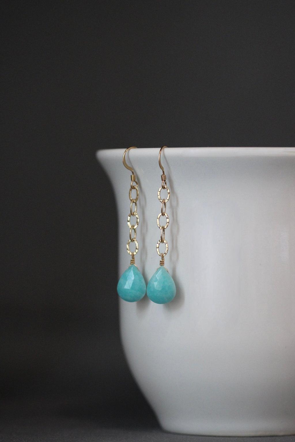 Amazonite Teardrop and Hammered Gold Filled Link Long Dangle Earrings