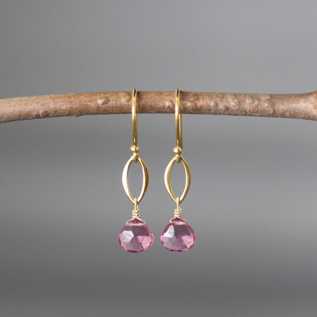 Hot Pink Quartz Teardrop and Gold Vermeil Marquise Link Dangle Earrings