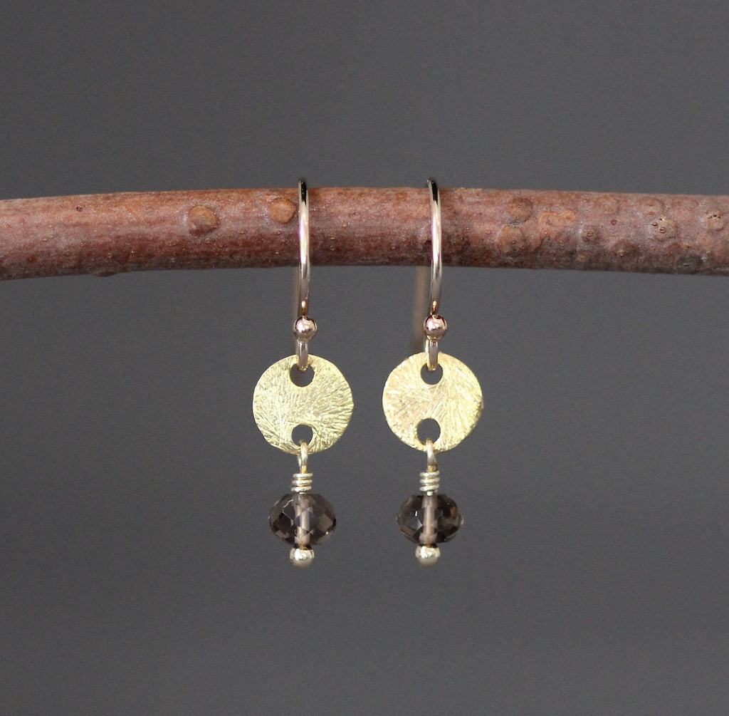Smokey Quartz and Brushed Gold Vermeil Disc Dangle Earrings