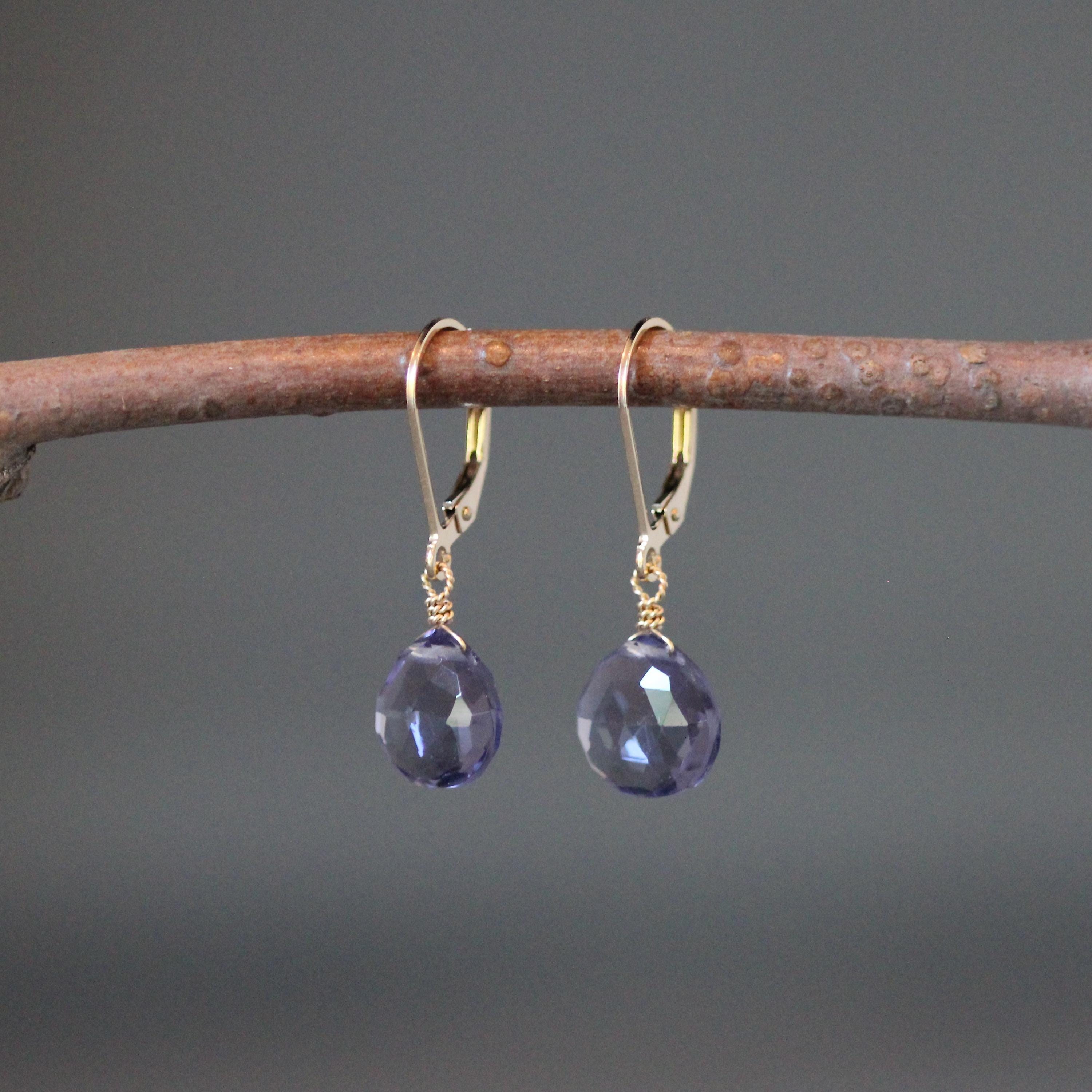 Blue Iolite Quartz Teardrop Gold Filled Leverback Dangle Earrings