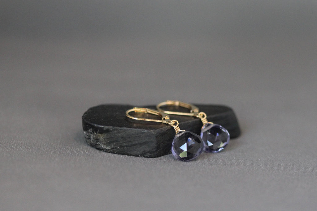 Blue Iolite Quartz Teardrop Gold Filled Leverback Dangle Earrings