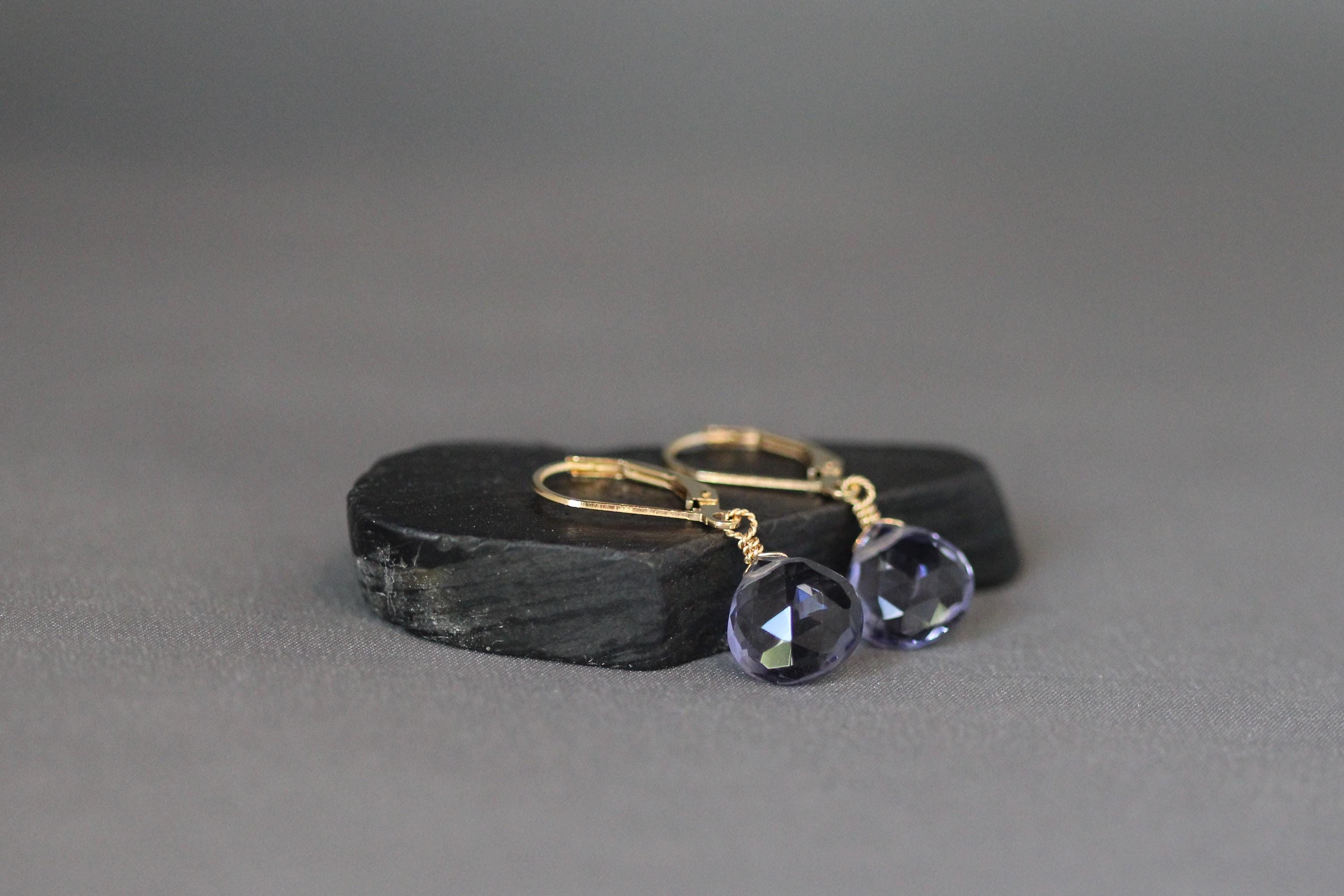 Blue Iolite Quartz Teardrop Gold Filled Leverback Dangle Earrings
