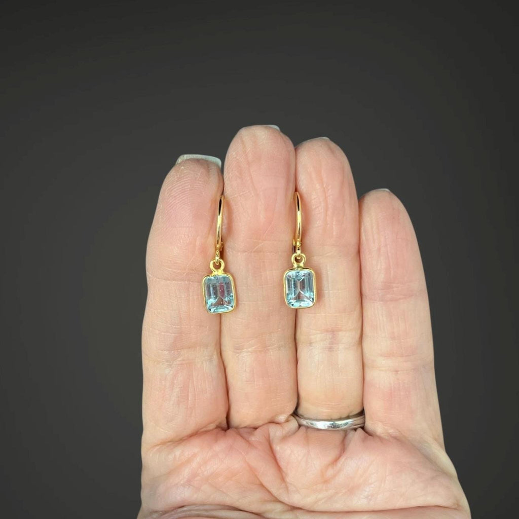 Blue Topaz Emerald Cut Stone Bezel Charms on Gold Vermeil Huggie Hoop Earrings